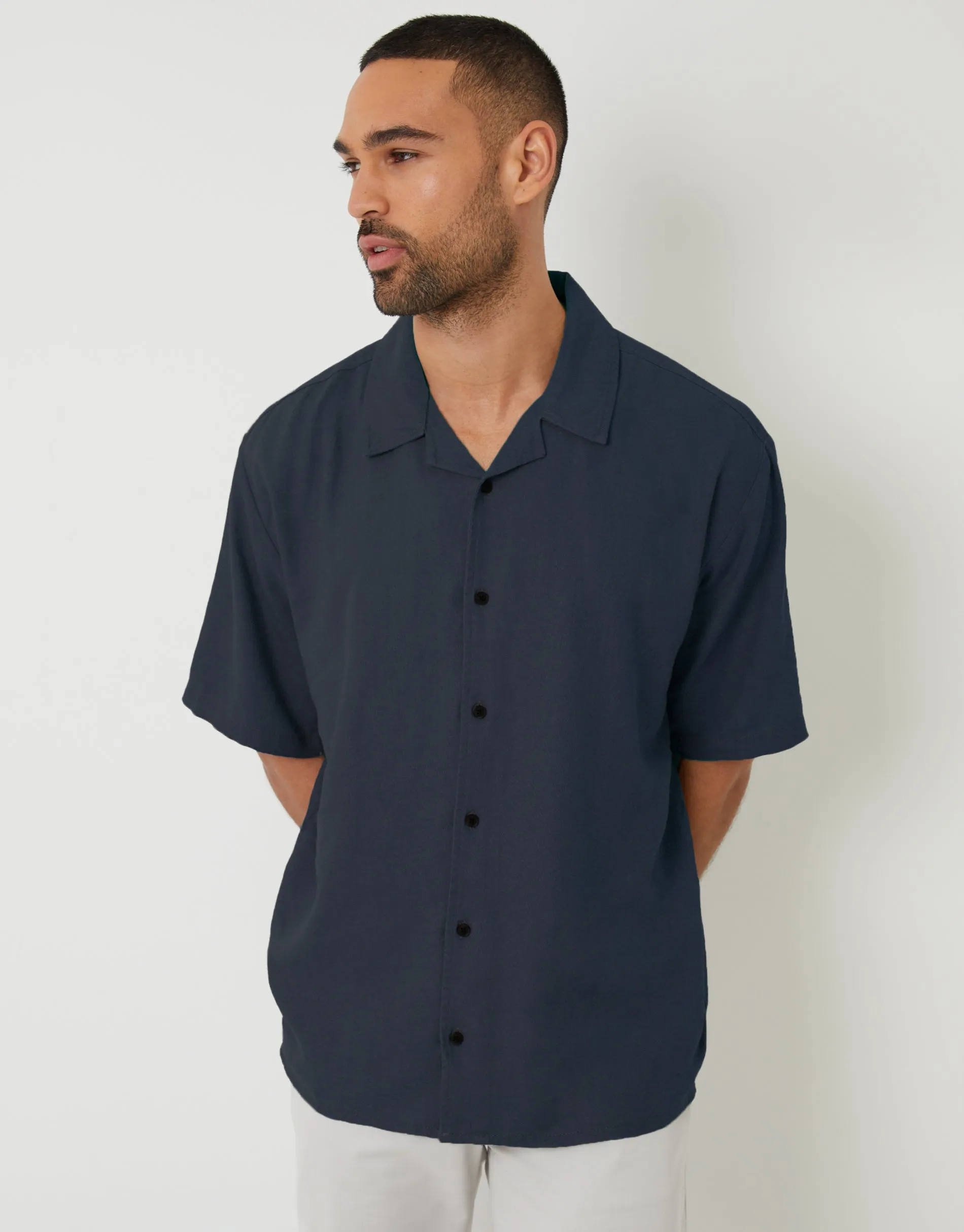 Navy Linen Blend Revere Collar Short Sleeve Shirt sold by Threadbare