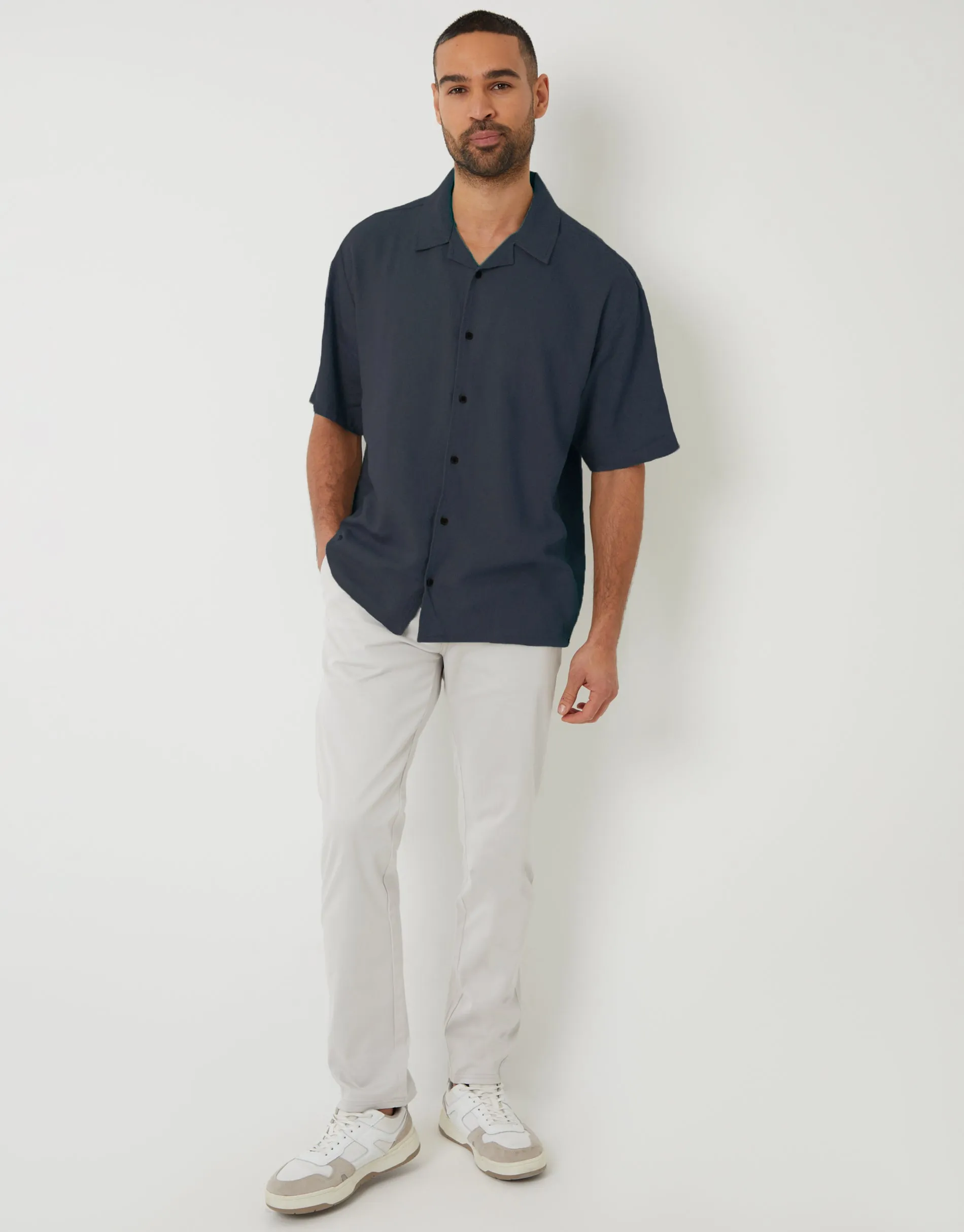 Navy Linen Blend Revere Collar Short Sleeve Shirt sold by Threadbare product image thumbnail 3