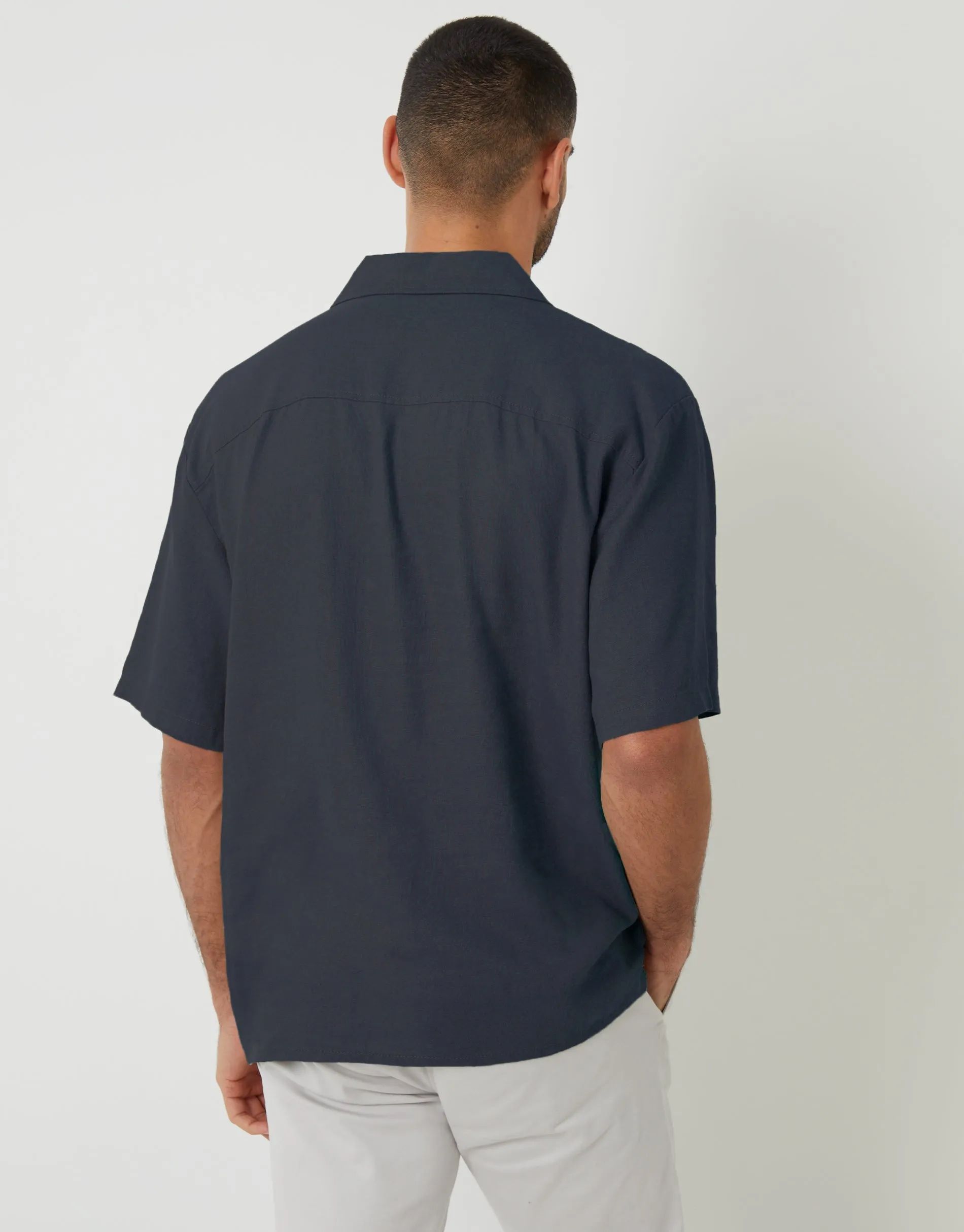 Navy Linen Blend Revere Collar Short Sleeve Shirt sold by Threadbare product image thumbnail 2