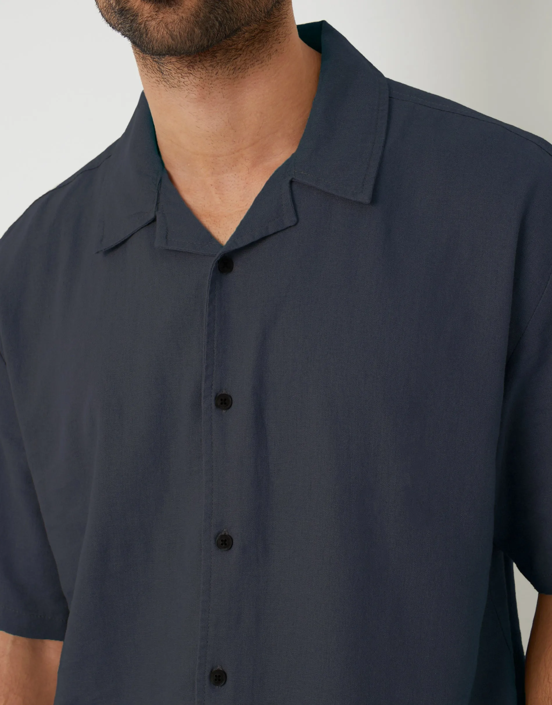 Navy Linen Blend Revere Collar Short Sleeve Shirt sold by Threadbare product image thumbnail 4
