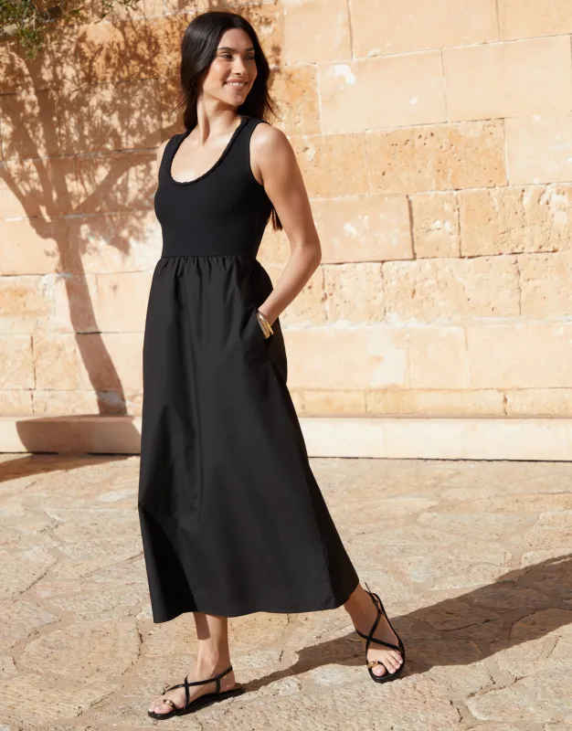 Black Sleeveless Rib Jersey 2-in-1 Midi Dress with Poplin Skirt sold by Threadbare