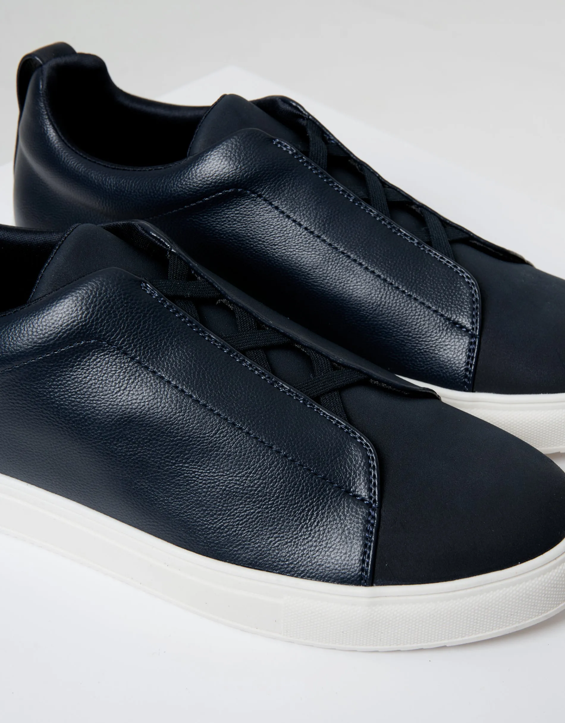 Navy Faux Leather Elastic Lace Slip On Trainers sold by Threadbare product image thumbnail 3