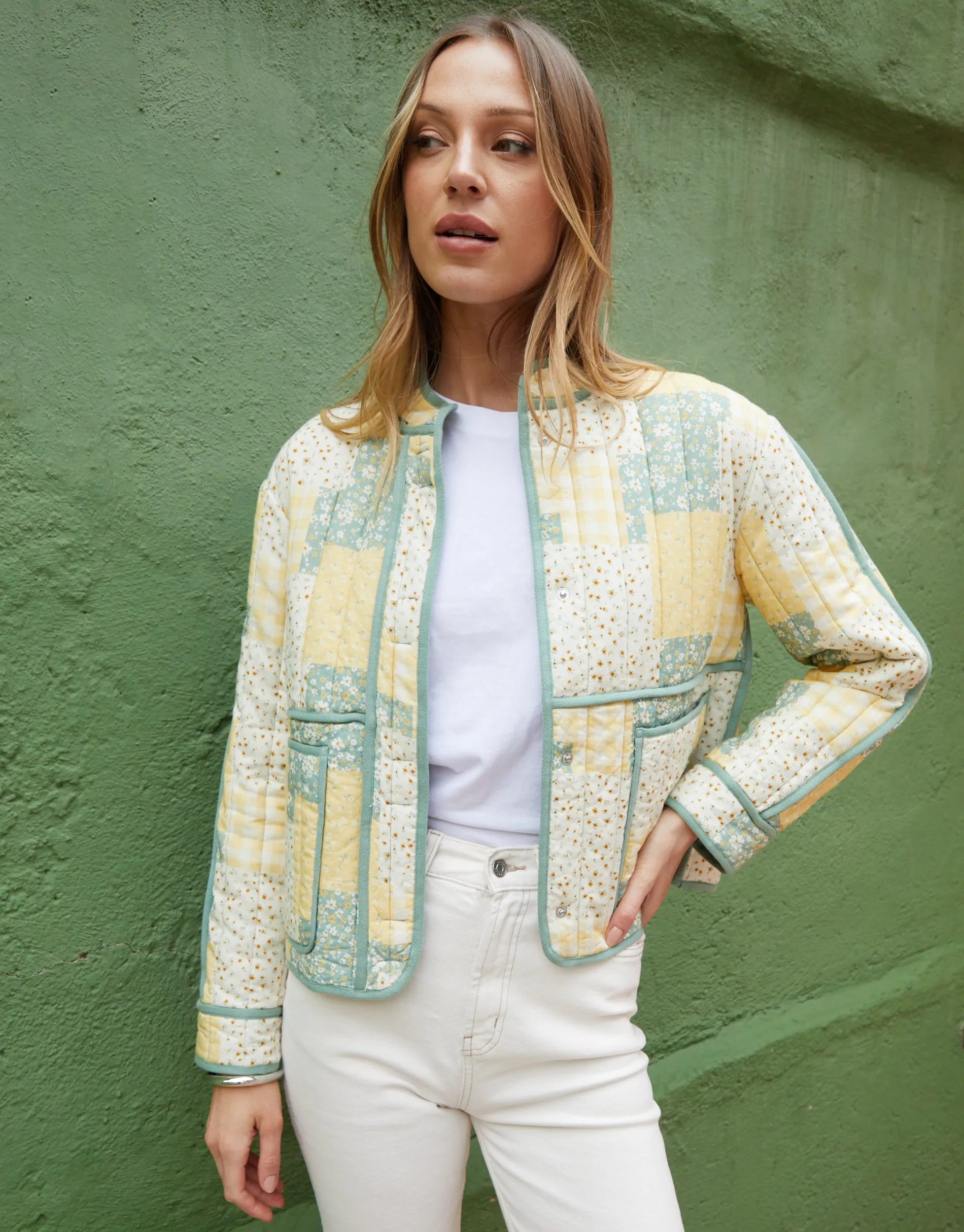 Yellow Floral Patchwork Quilted Jacket sold by Threadbare