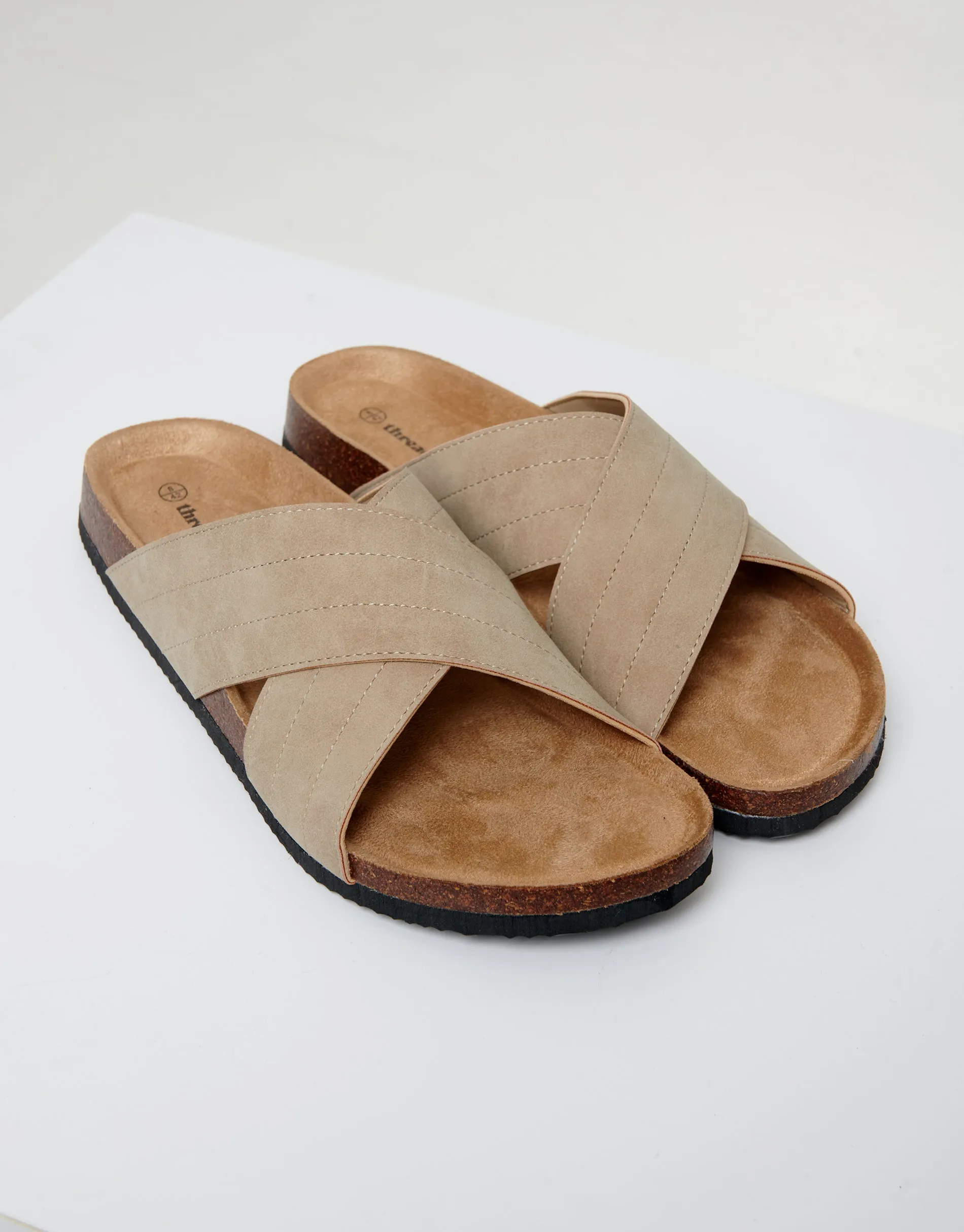 Beige Faux Suede Cross Strap Sandals sold by Threadbare
