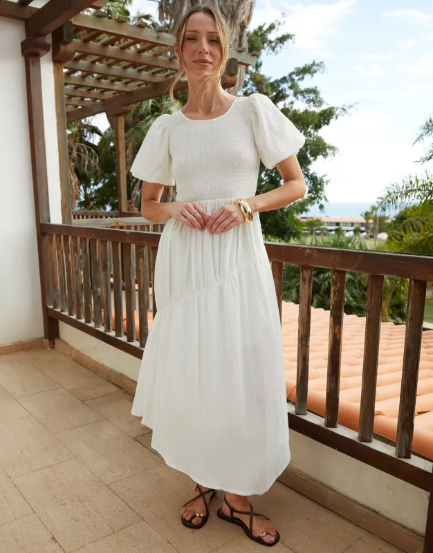 Threadbare Women's White Puff Sleeve Shirred Asymmetric Dress sold by Threadbare
