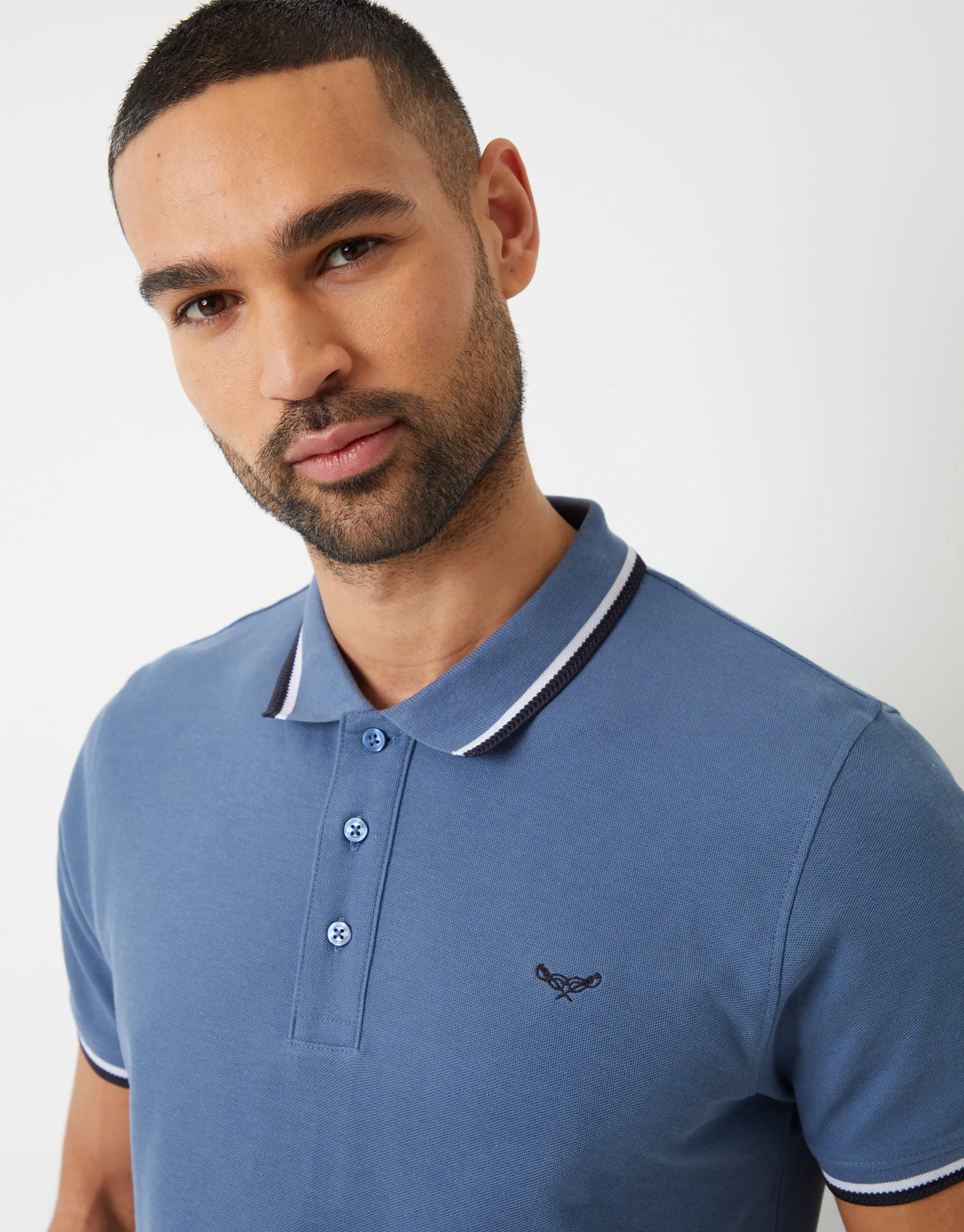 Herringbone Tipping Detail Pique Polo Shirt in Denim Blue sold by Threadbare product image thumbnail 4