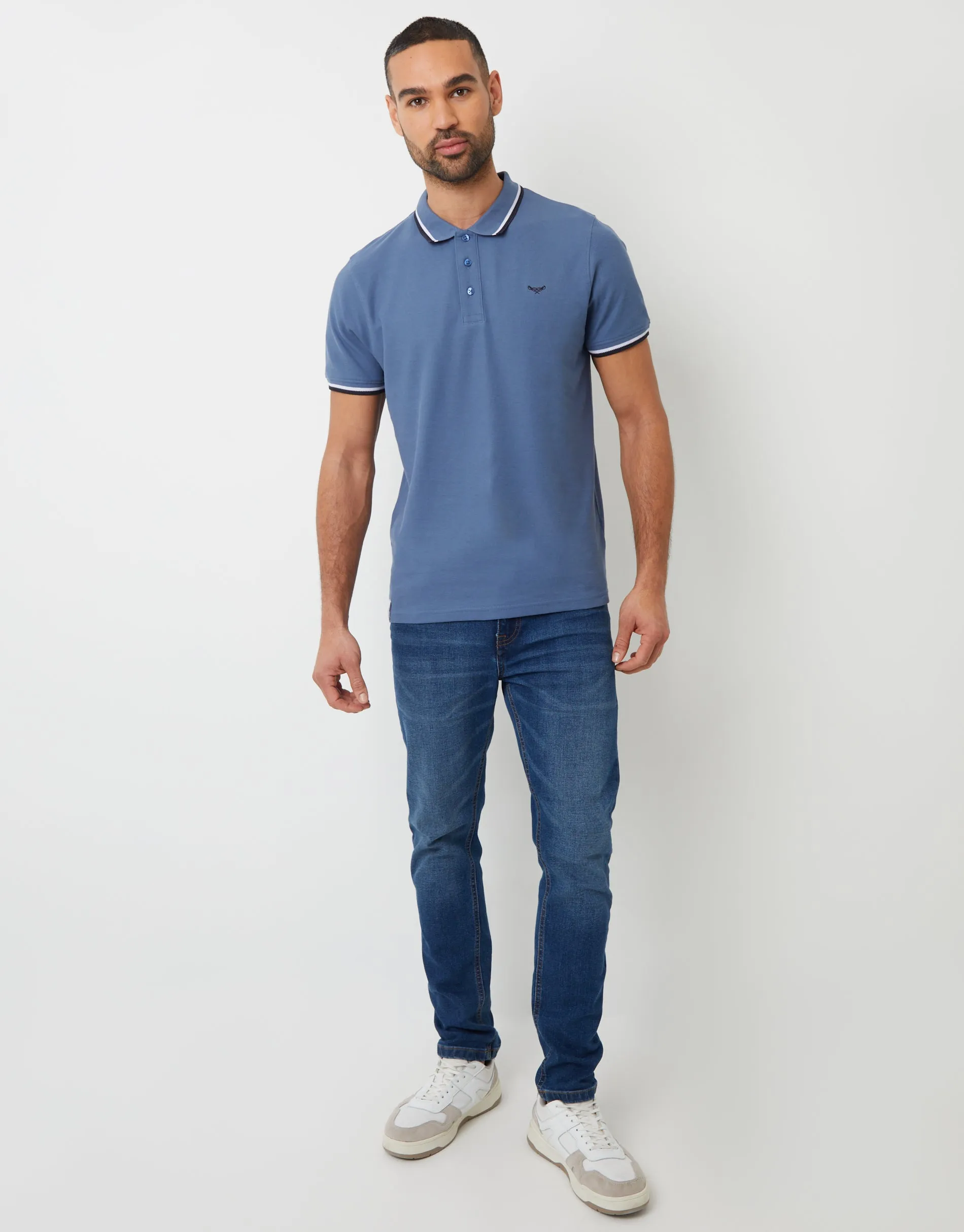 Herringbone Tipping Detail Pique Polo Shirt in Denim Blue sold by Threadbare product image thumbnail 3