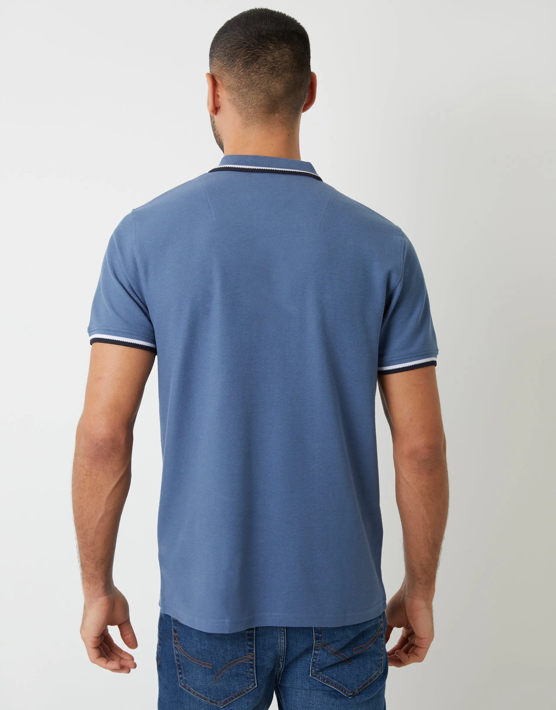 Herringbone Tipping Detail Pique Polo Shirt in Denim Blue sold by Threadbare product image thumbnail 2