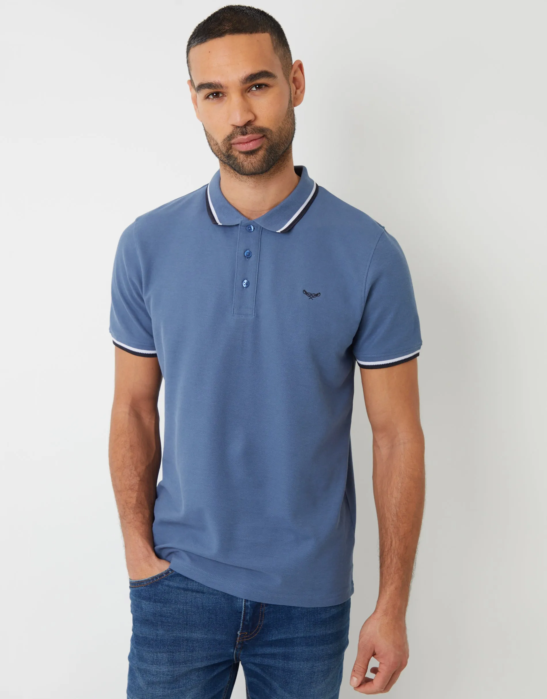 Herringbone Tipping Detail Pique Polo Shirt in Denim Blue sold by Threadbare