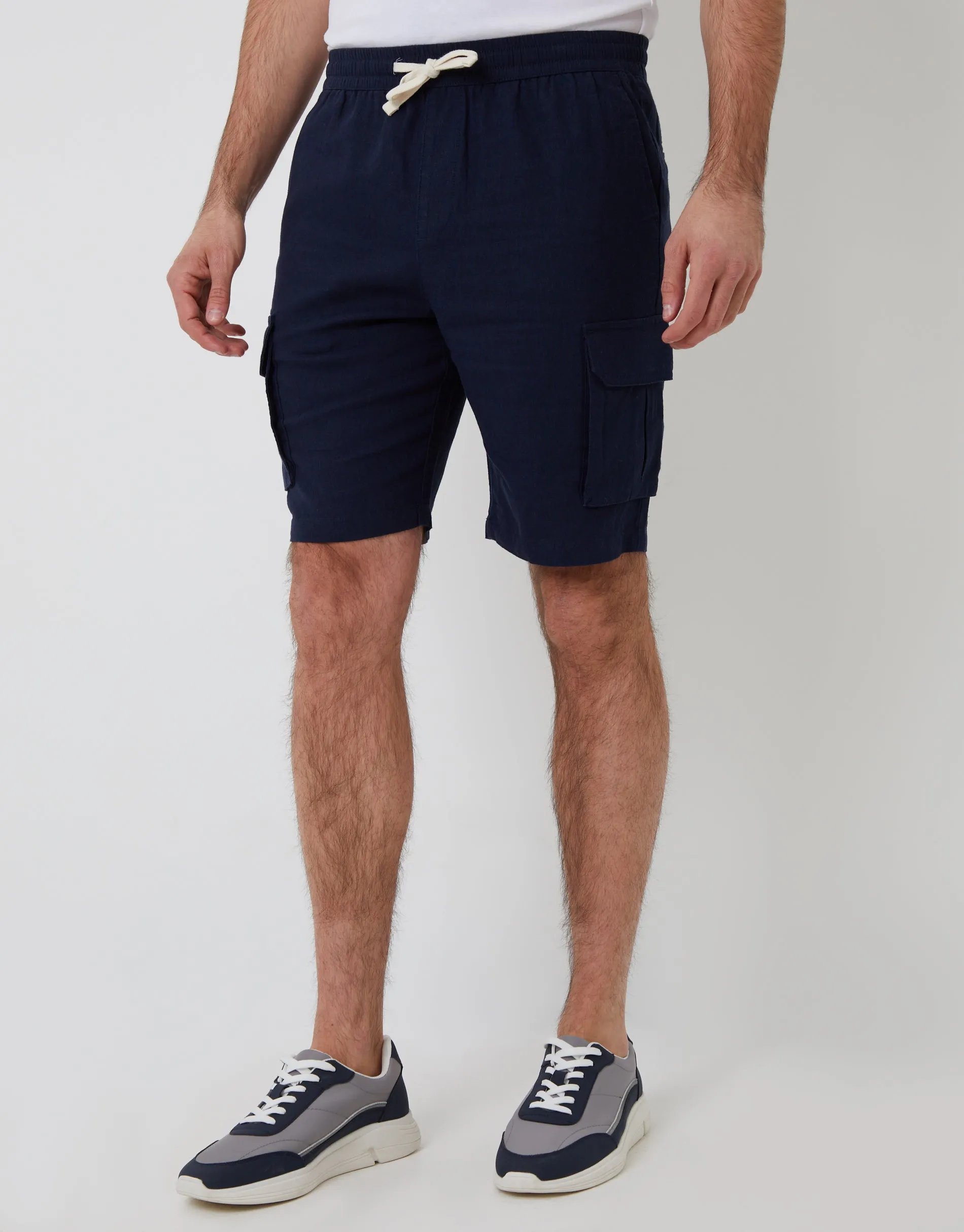 Navy Linen Blend Cargo Shorts sold by Threadbare