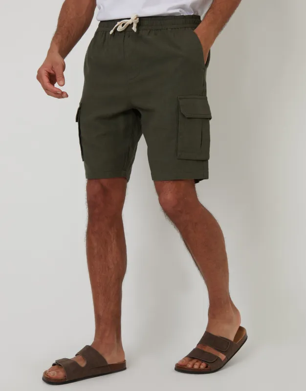Khaki Green Linen Blend Cargo Shorts sold by Threadbare