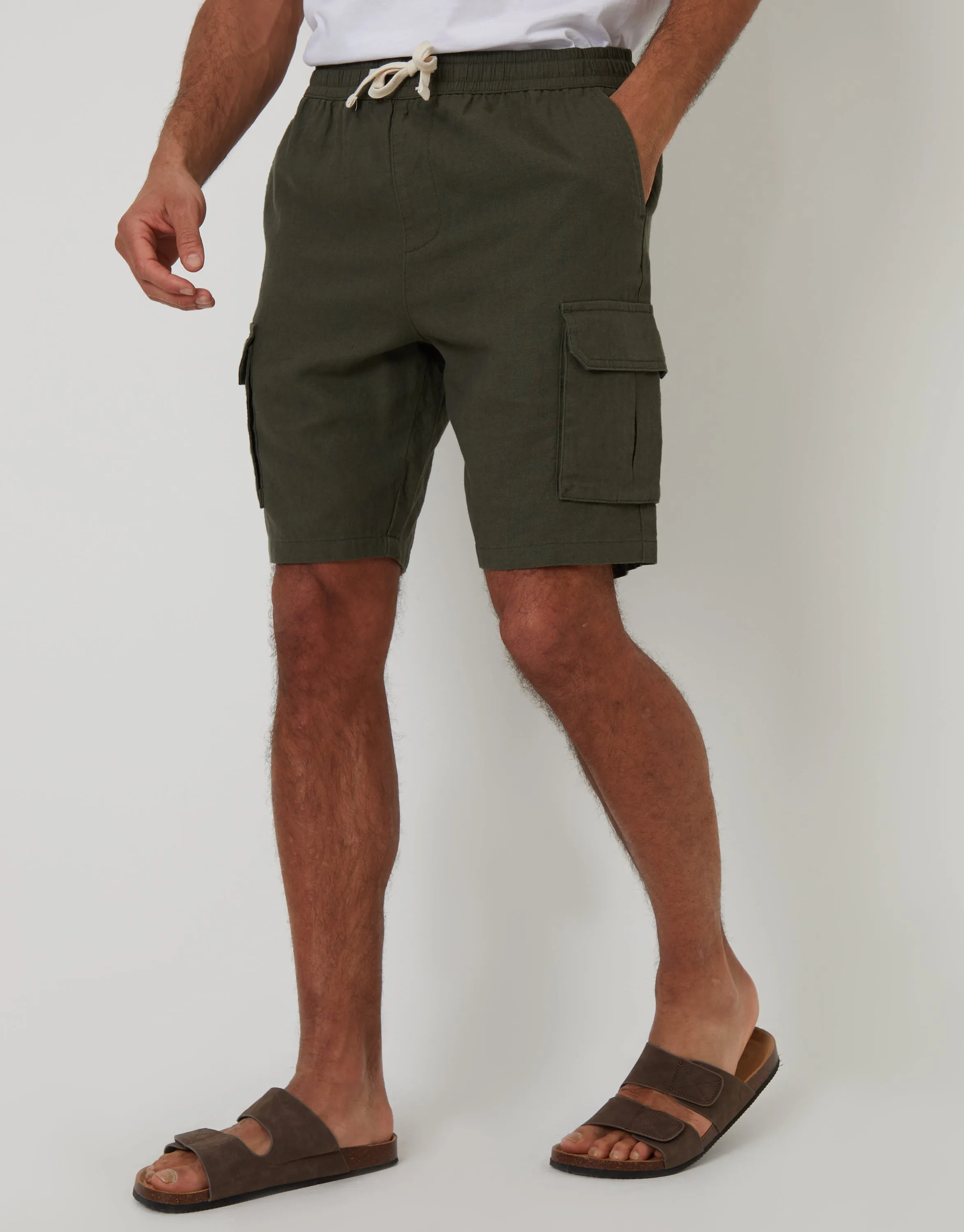 Khaki Green Linen Blend Cargo Shorts sold by Threadbare