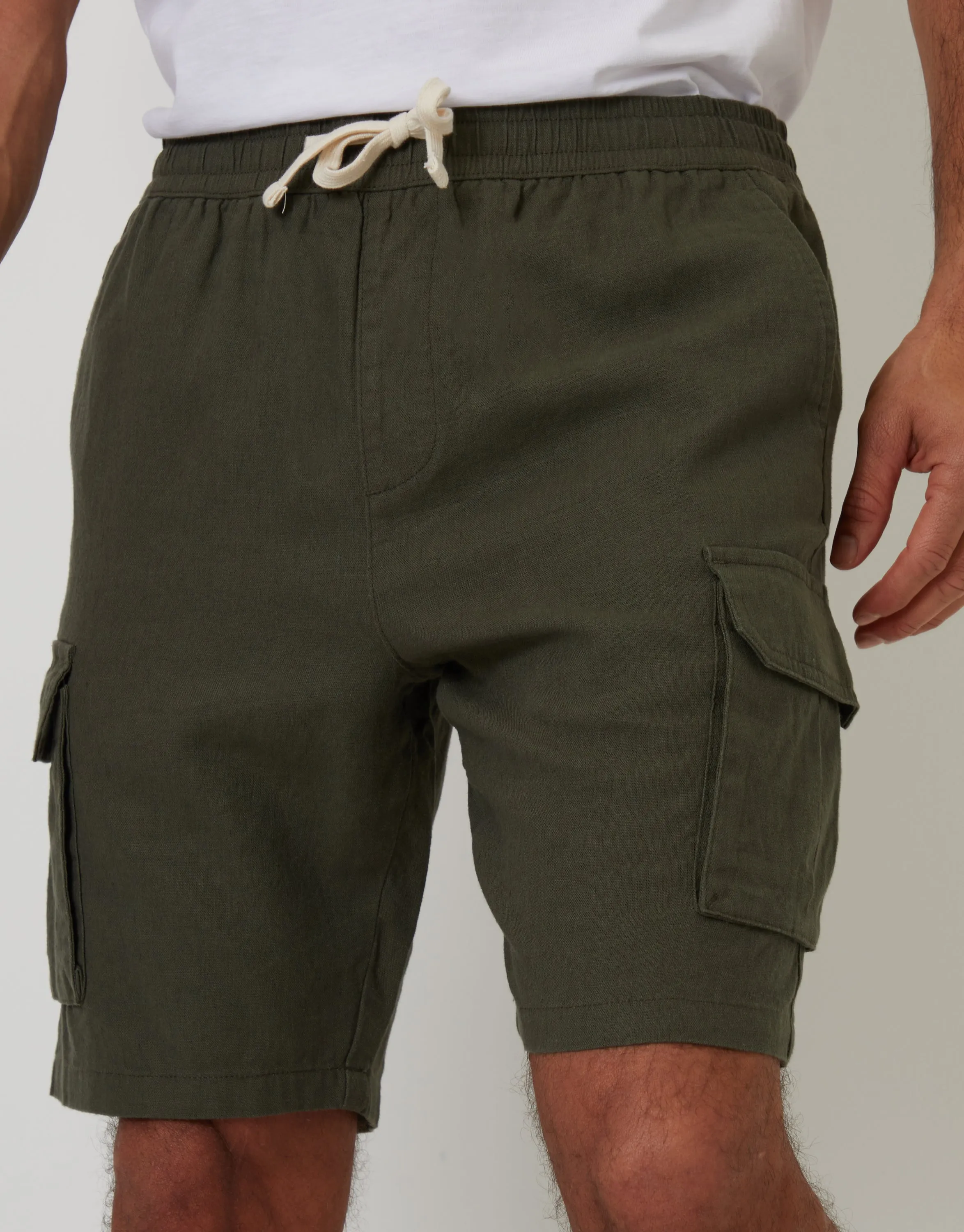Khaki Green Linen Blend Cargo Shorts sold by Threadbare product image thumbnail 4