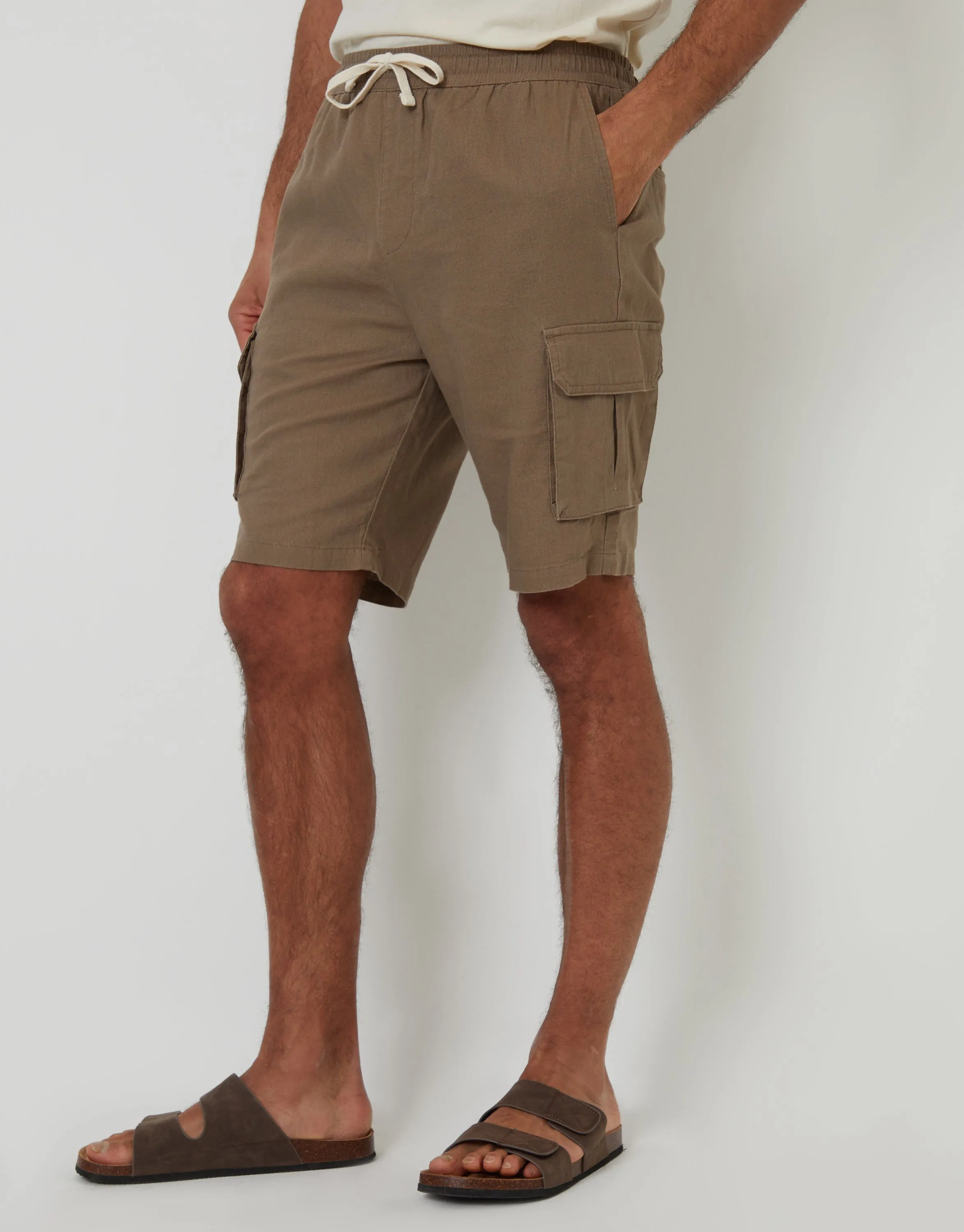 Taupe Linen Blend Cargo Shorts sold by Threadbare