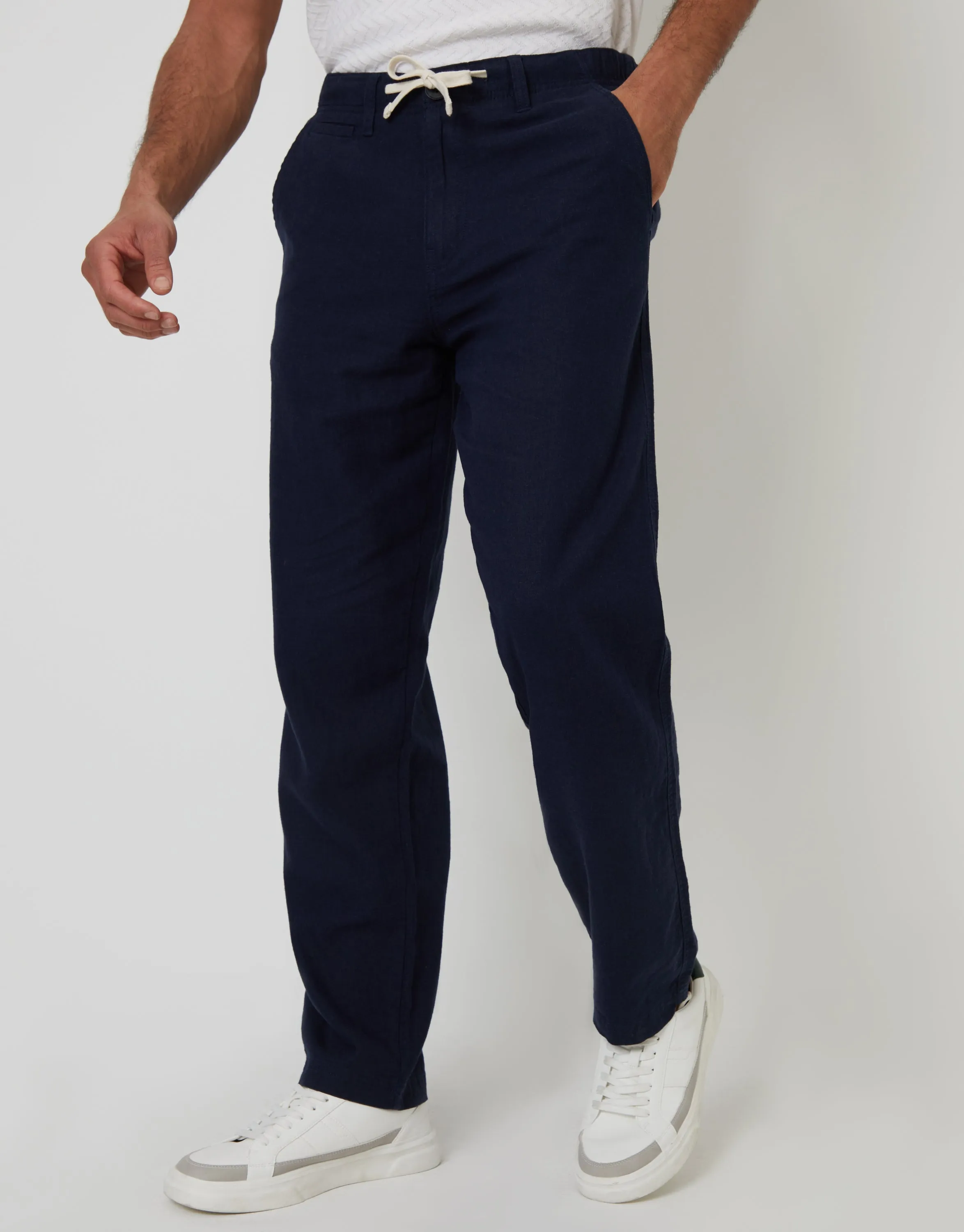 Navy Linen Blend Trousers sold by Threadbare