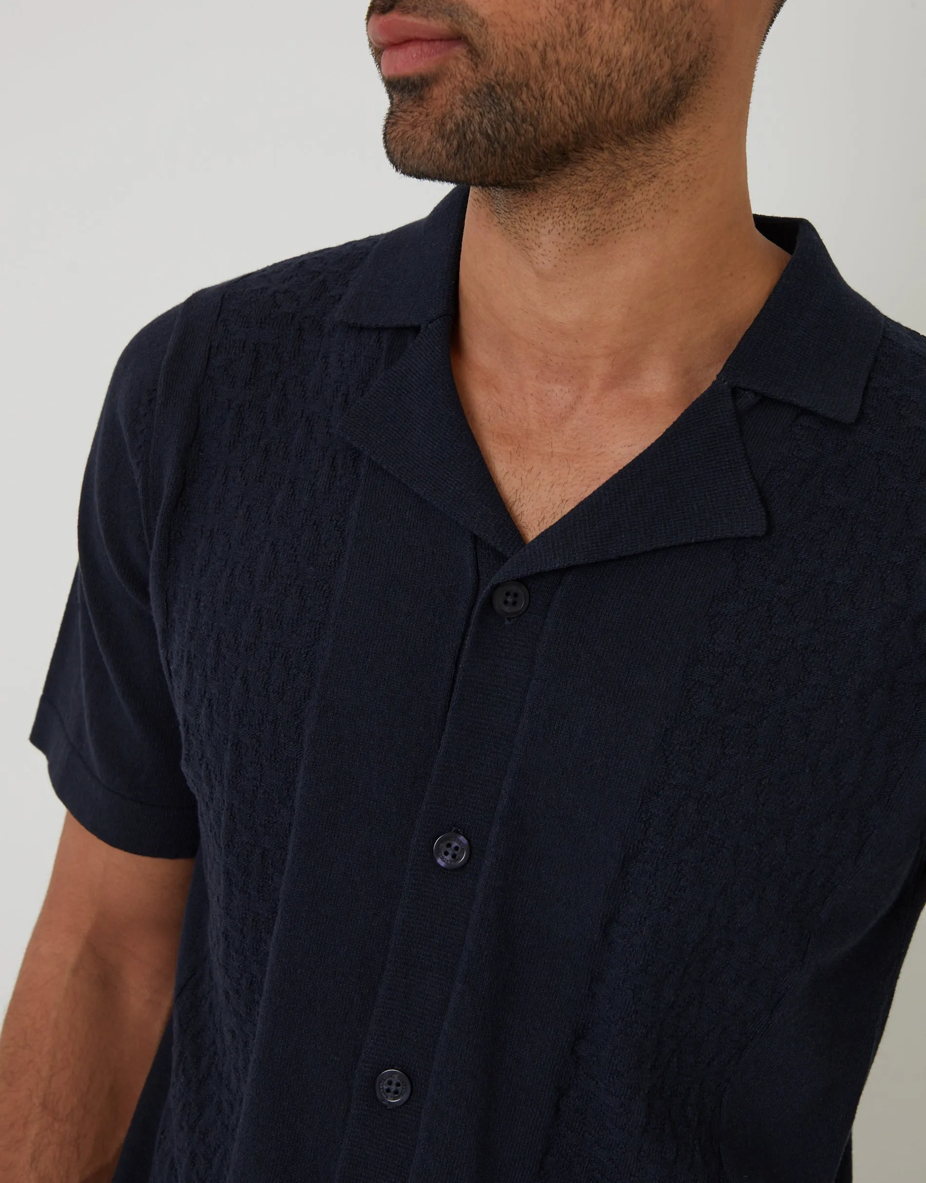 Navy Textured Panel Revere Collar Knitted Shirt sold by Threadbare product image thumbnail 4