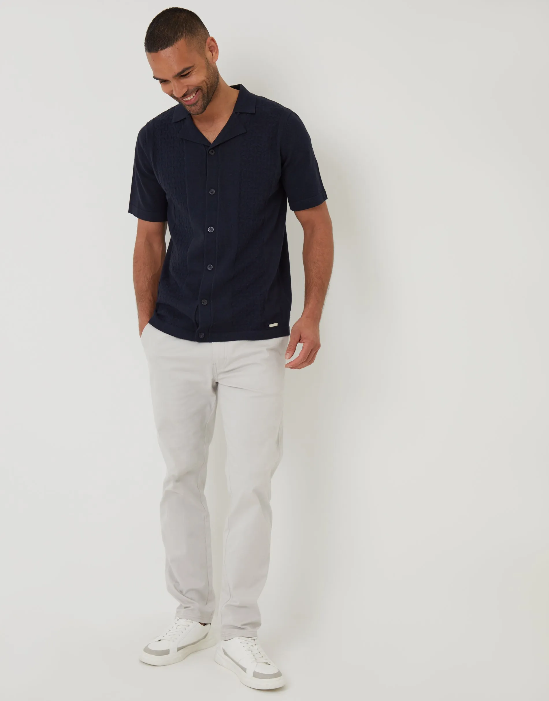 Navy Textured Panel Revere Collar Knitted Shirt sold by Threadbare product image thumbnail 3