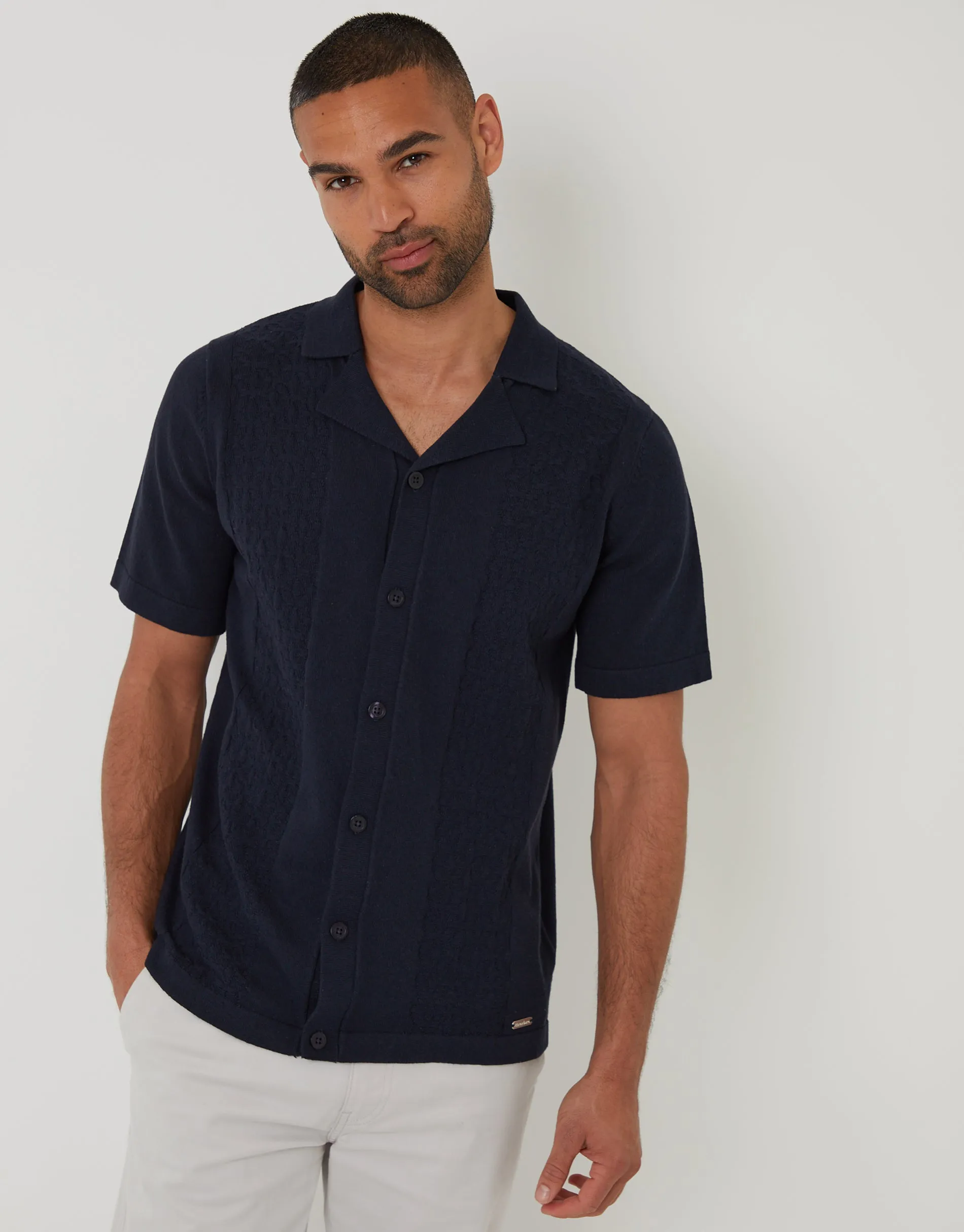 Navy Textured Panel Revere Collar Knitted Shirt sold by Threadbare