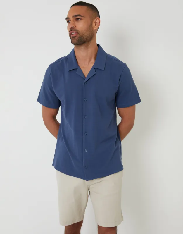 Denim Blue Jersey Pique Revere Collar Short Sleeve Shirt sold by Threadbare