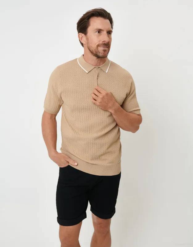Brown Textured Front Tipping Collar Knitted Polo sold by Threadbare