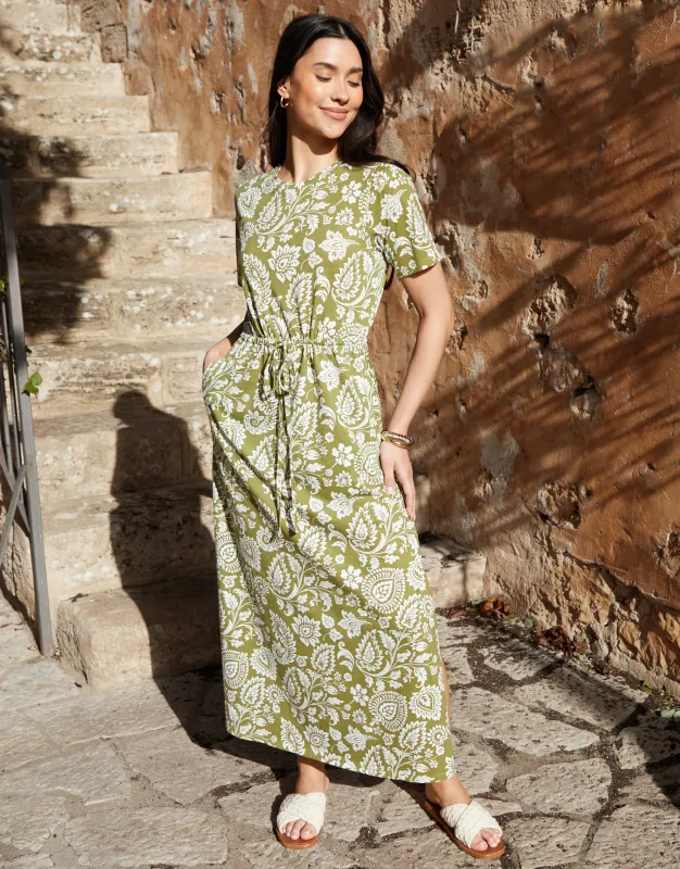Khaki Green Paisley Print Ruched Waist Jersey Midi Dress sold by Threadbare