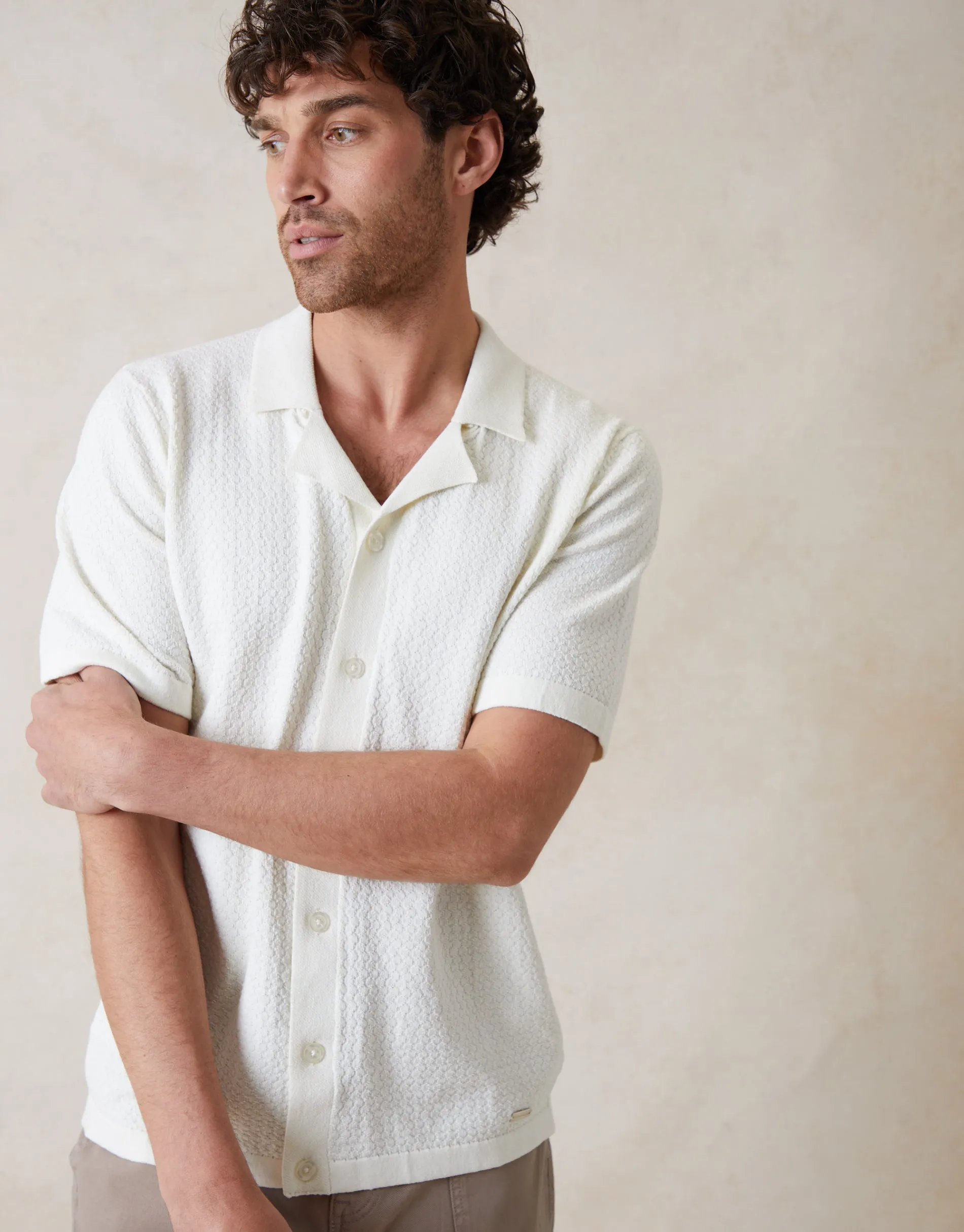 Ecru Textured Revere Collar Knitted Shirt sold by Threadbare product image thumbnail 4