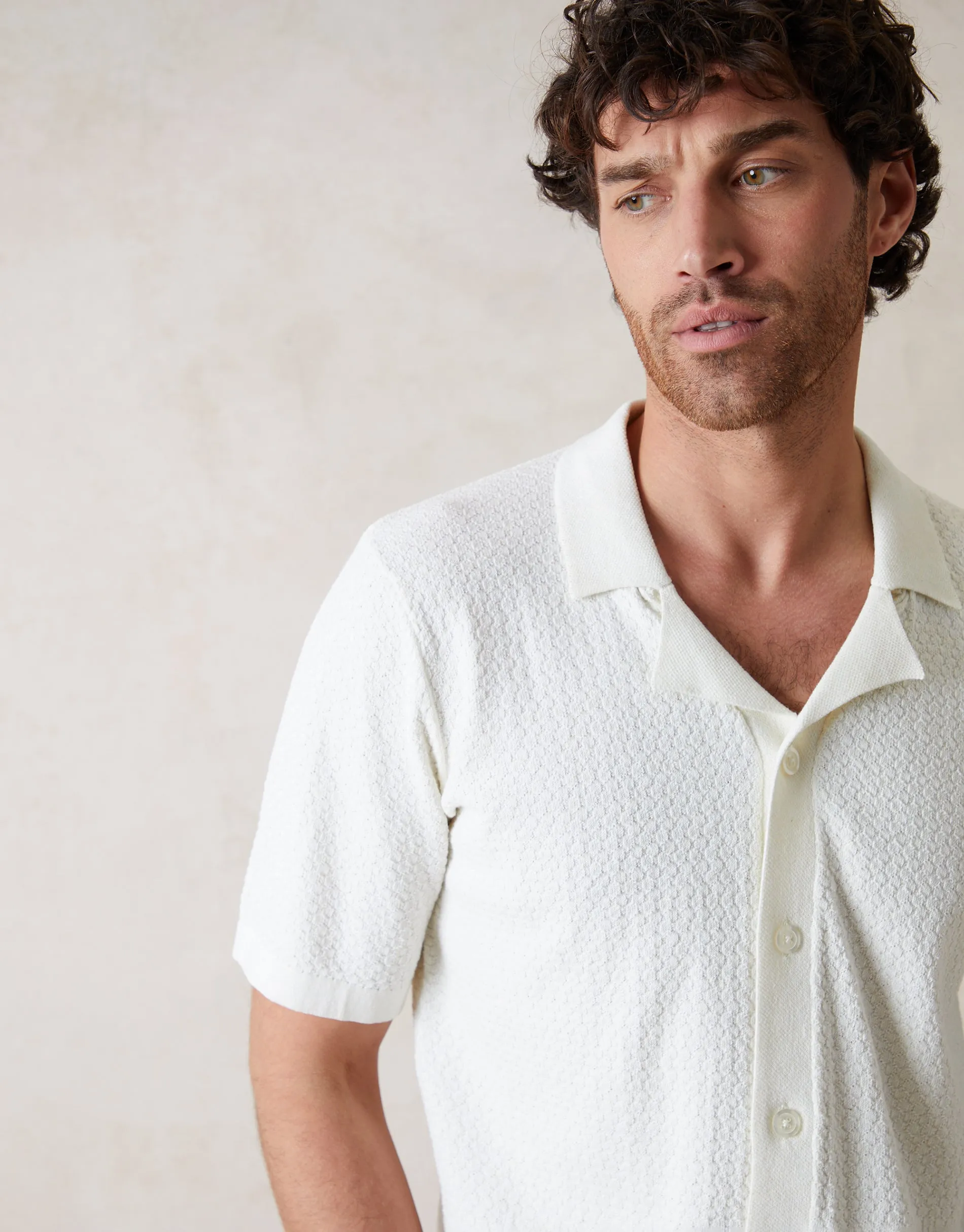 Ecru Textured Revere Collar Knitted Shirt sold by Threadbare product image thumbnail 2