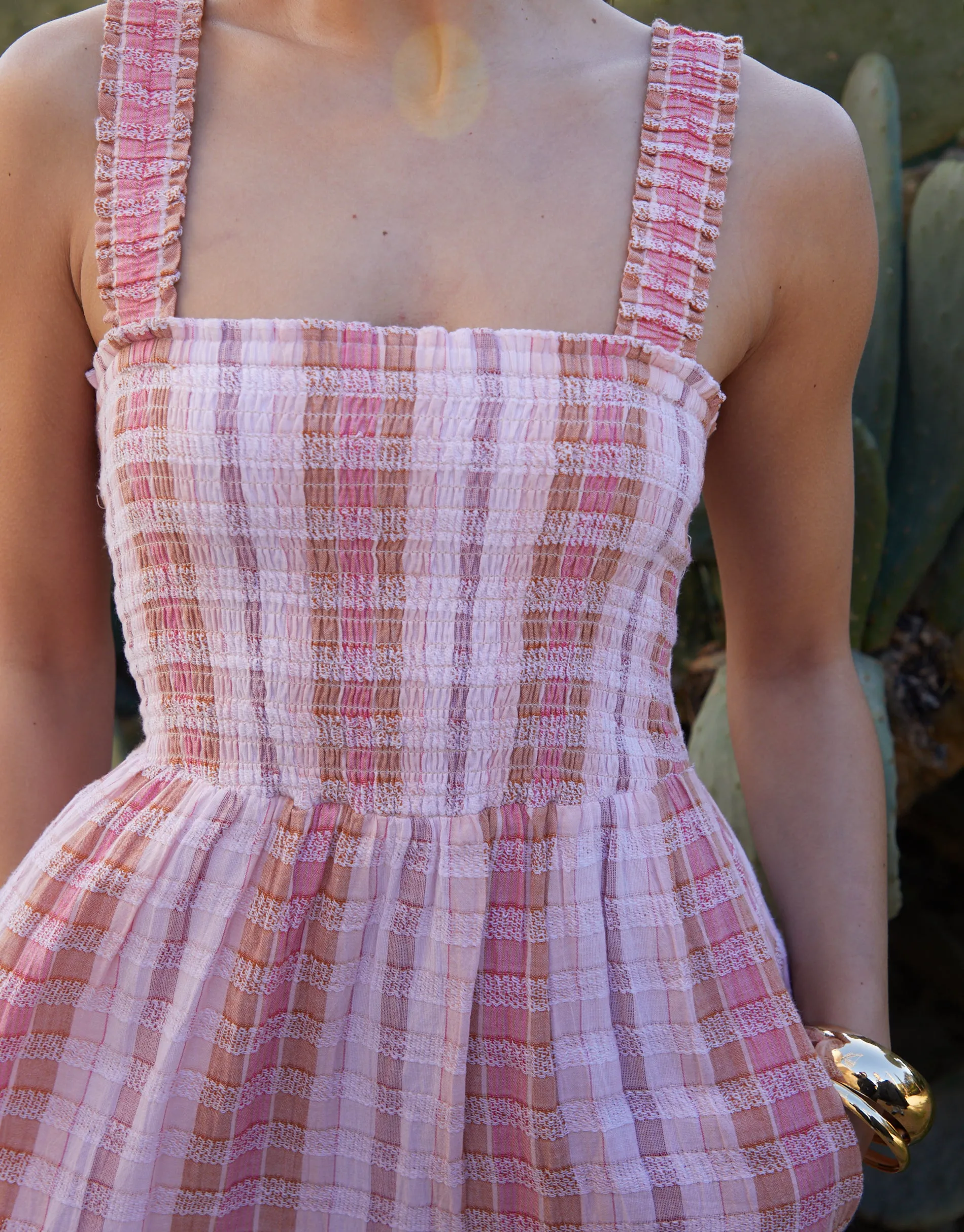 Pink Check Shirred Gauze Tiered Midi Dress sold by Threadbare product image thumbnail 2