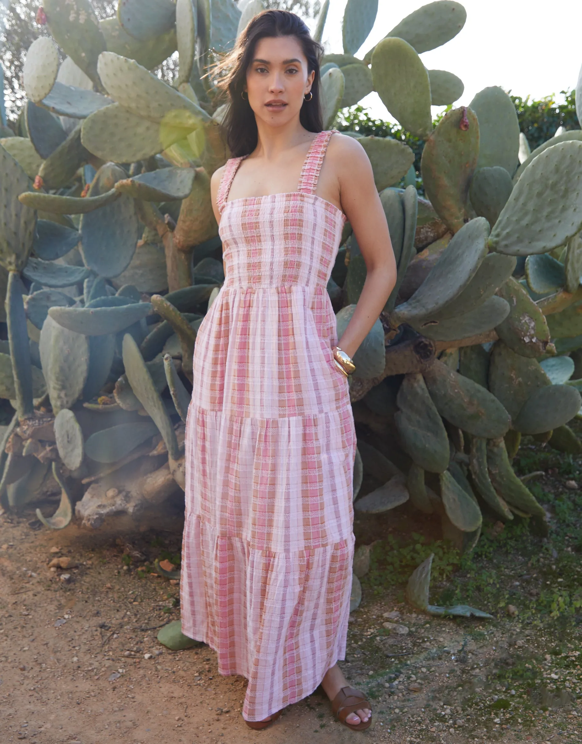 Pink Check Shirred Gauze Tiered Midi Dress sold by Threadbare product image thumbnail 3