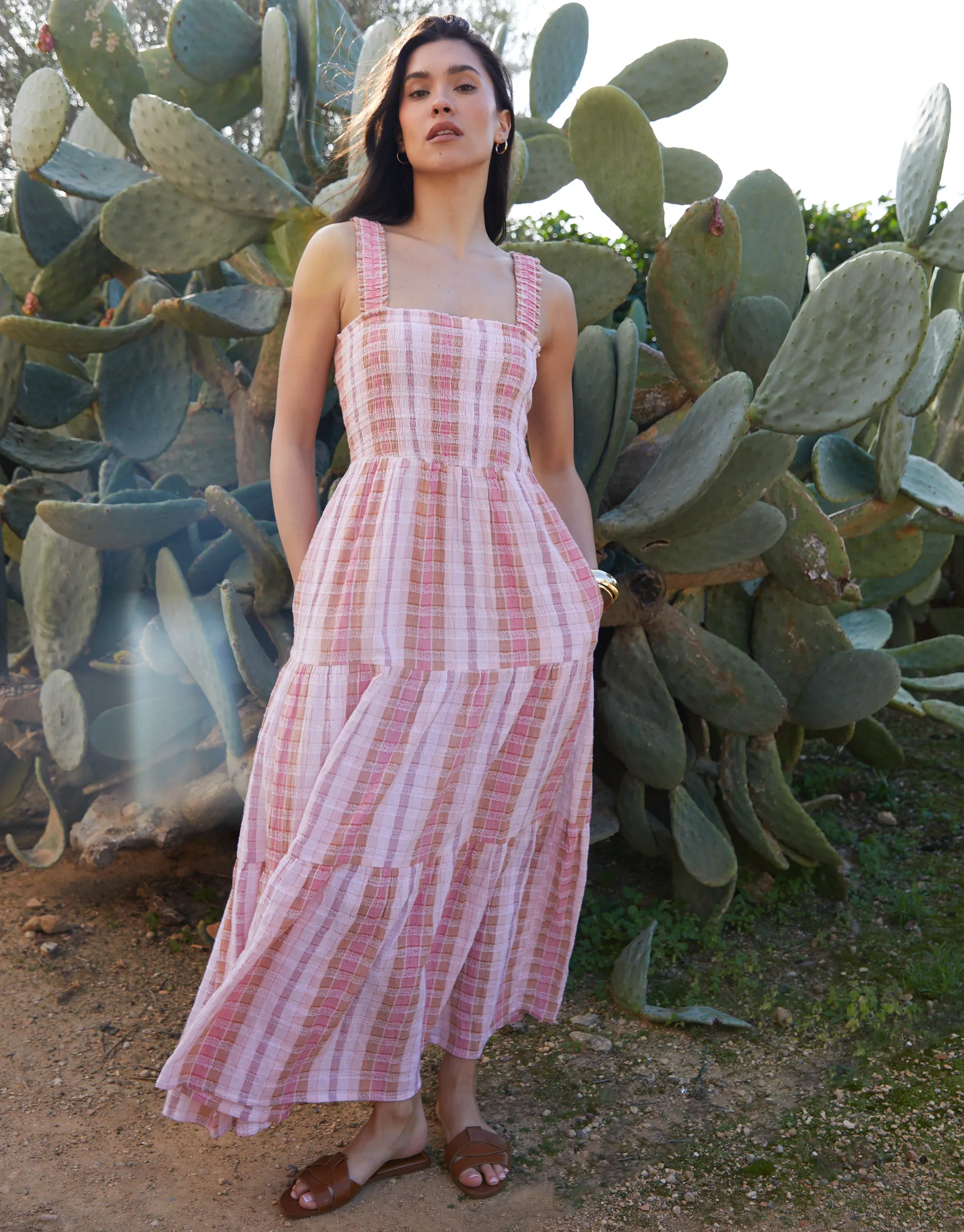 Pink Check Shirred Gauze Tiered Midi Dress sold by Threadbare product image thumbnail 5