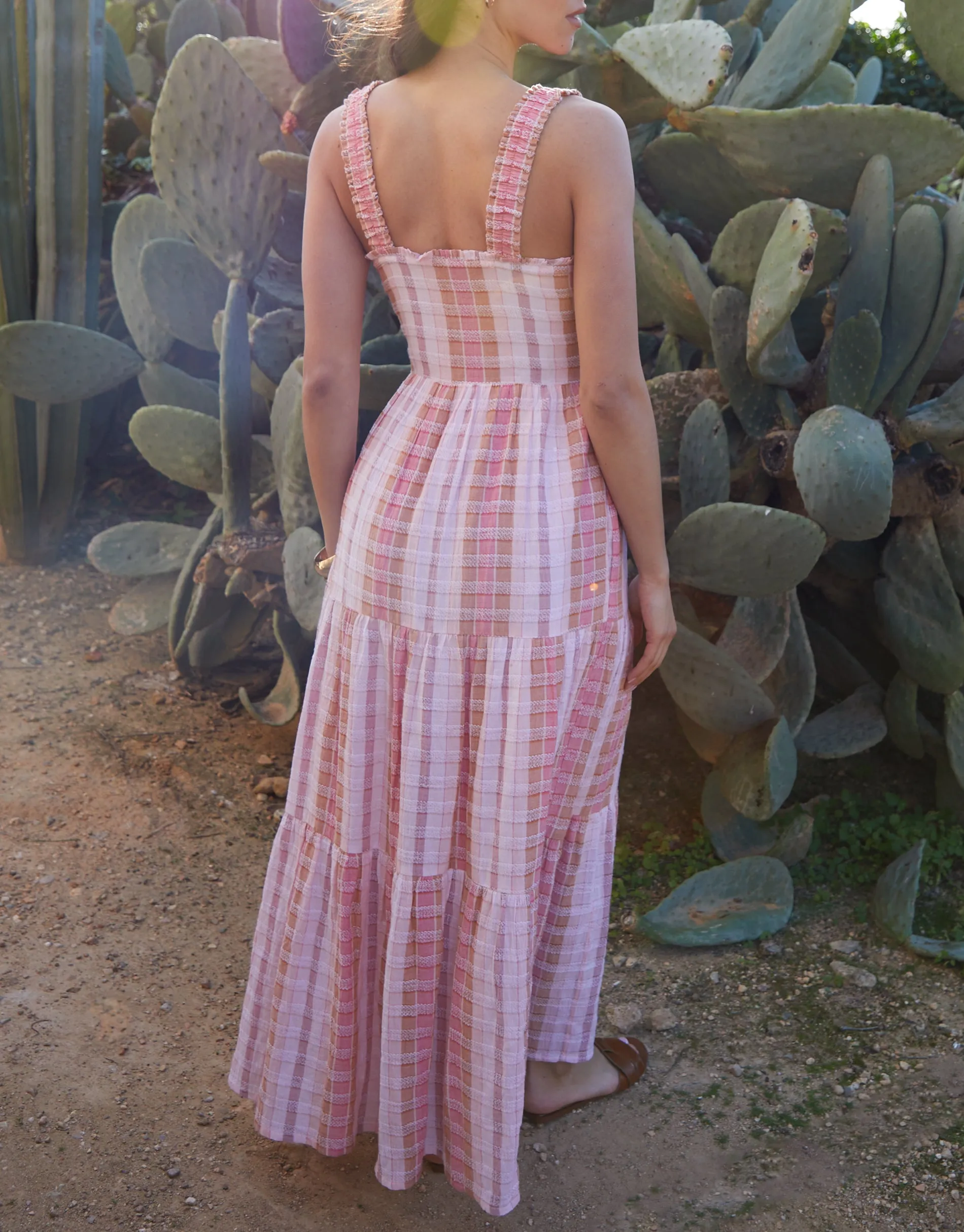 Pink Check Shirred Gauze Tiered Midi Dress sold by Threadbare product image thumbnail 4