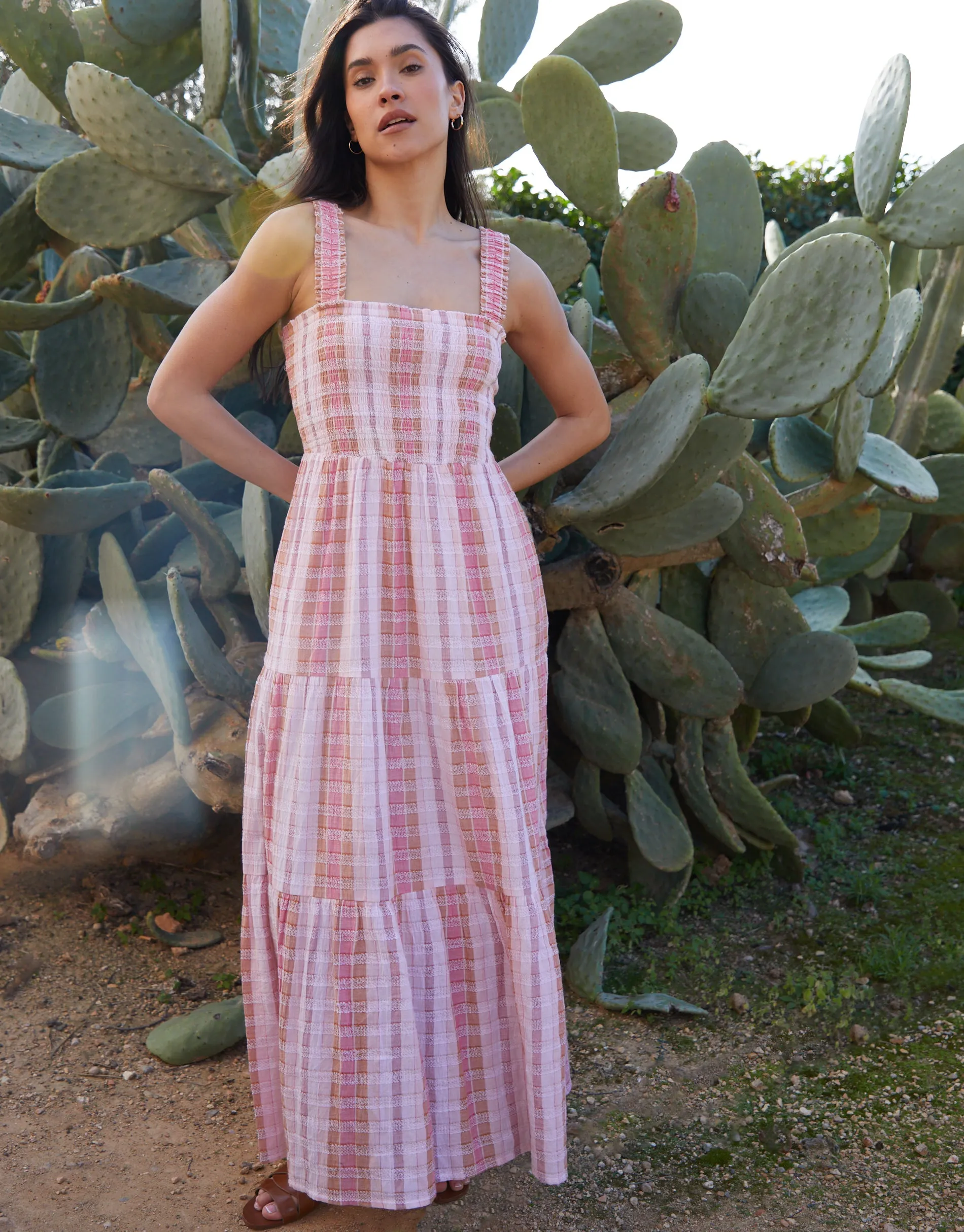 Pink Check Shirred Gauze Tiered Midi Dress sold by Threadbare