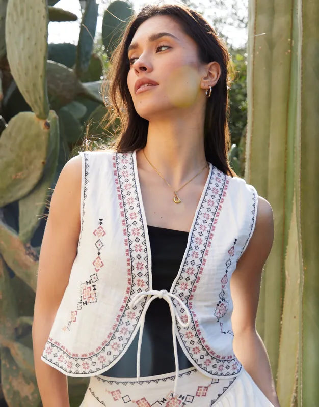 Cream Embroidered Tie Front Waistcoat sold by Threadbare
