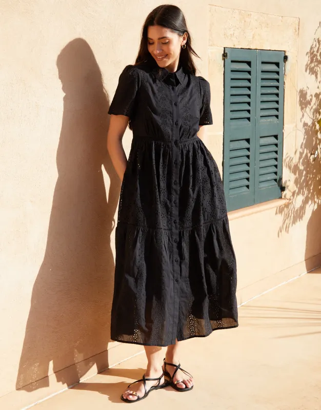 Black Short Sleeve Collared Broderie Maxi Shirt Dress sold by Threadbare