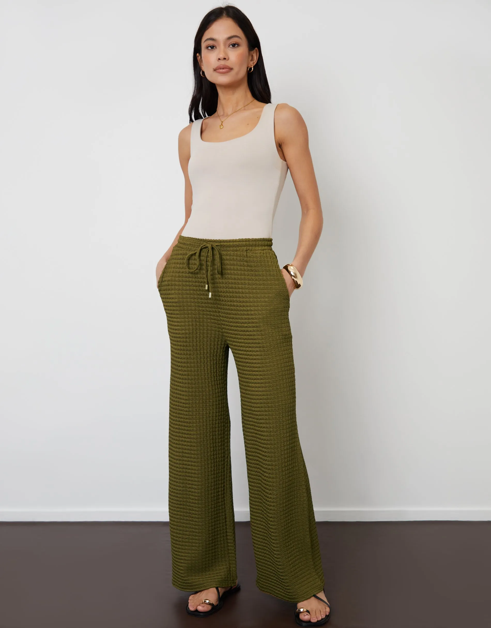 Khaki Green Textured Jersey Wide Leg Trousers sold by Threadbare