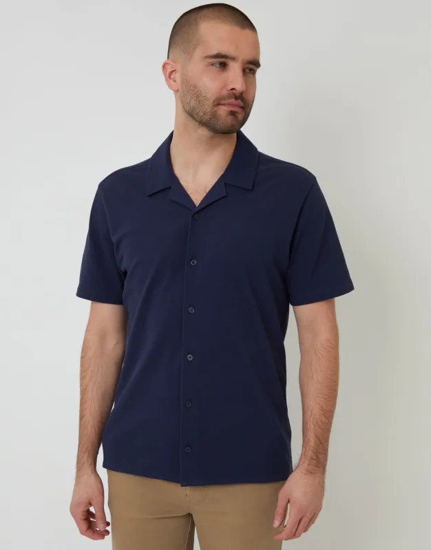 Navy Jersey Pique Revere Collar Short Sleeve Shirt made by Threadbare