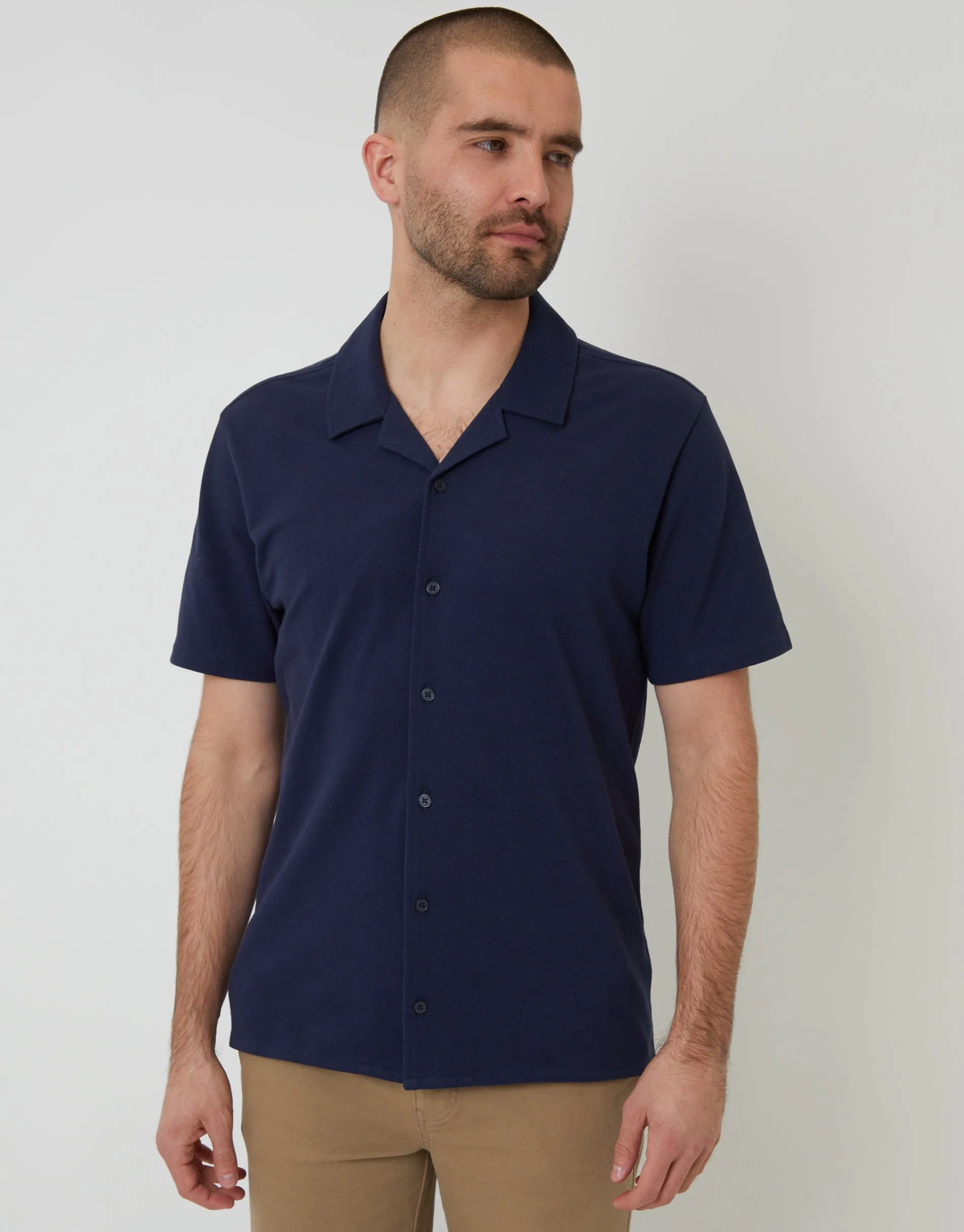 Navy Jersey Pique Revere Collar Short Sleeve Shirt sold by Threadbare