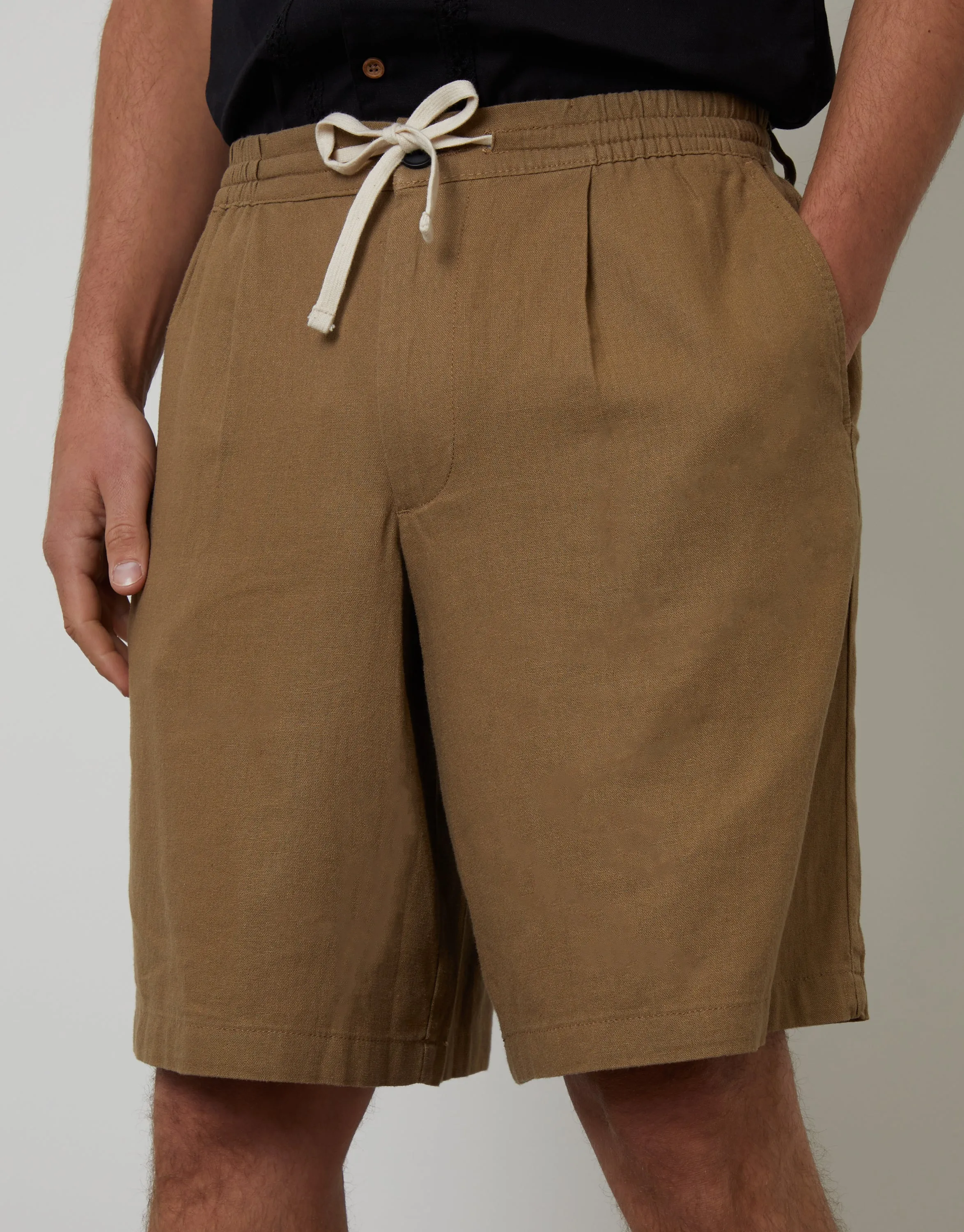 Dark Stone Linen Blend Pleated Loose Fit Shorts sold by Threadbare product image thumbnail 4