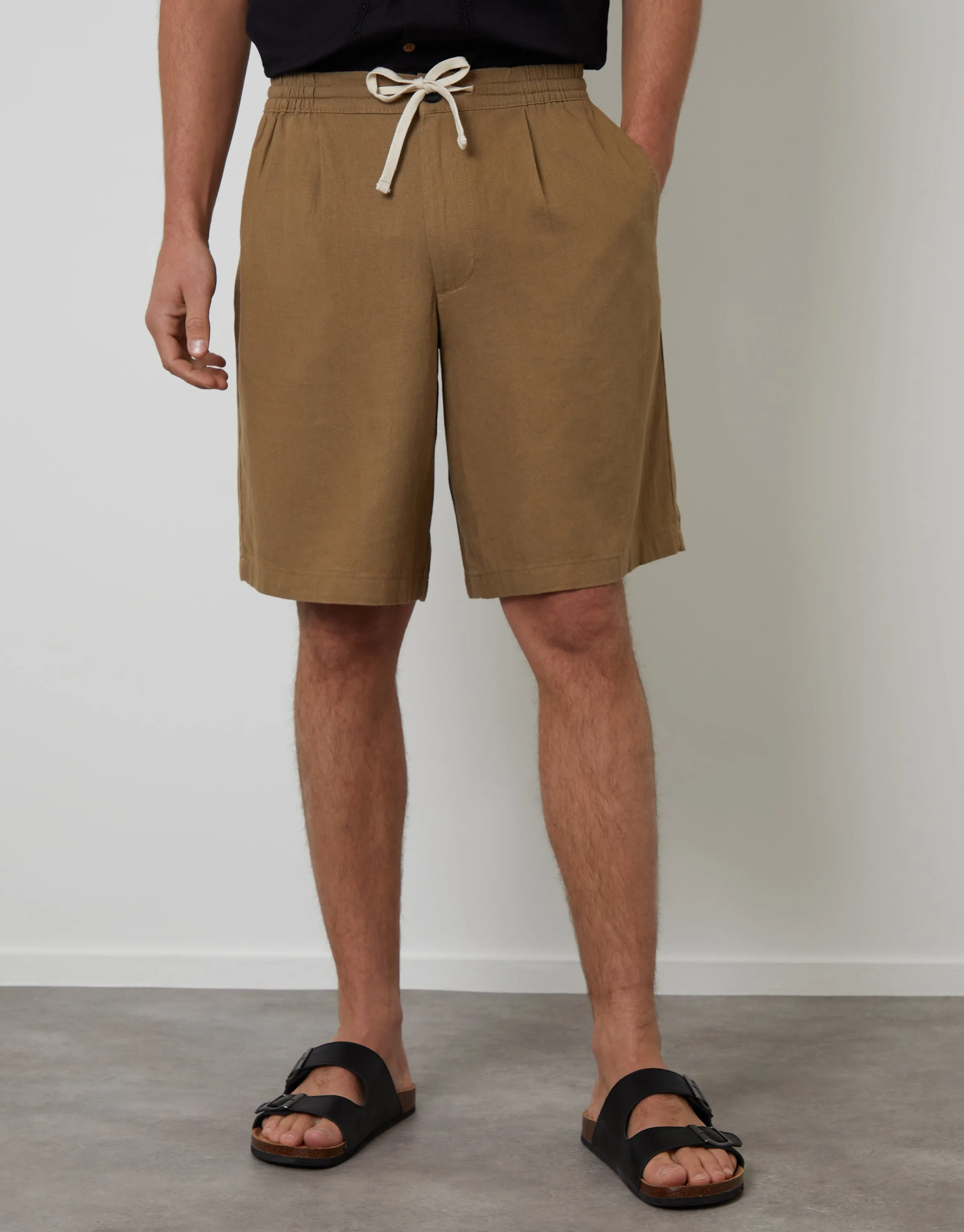 Dark Stone Linen Blend Pleated Loose Fit Shorts sold by Threadbare