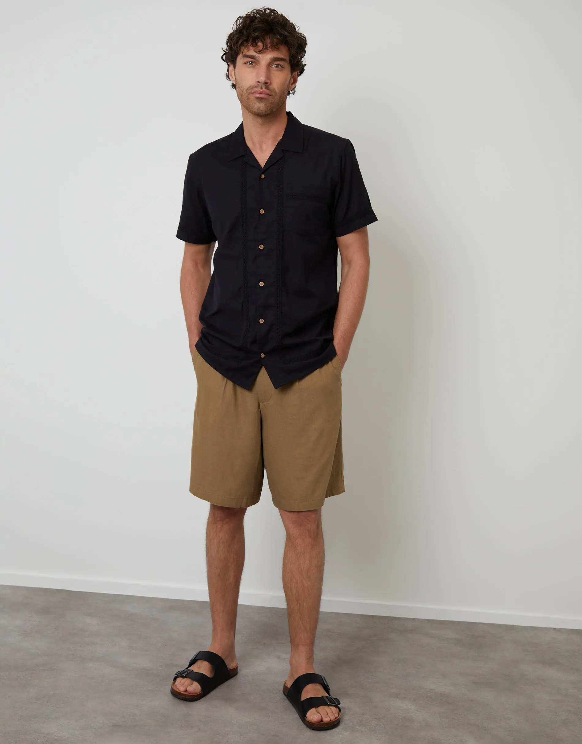 Dark Stone Linen Blend Pleated Loose Fit Shorts sold by Threadbare product image thumbnail 3