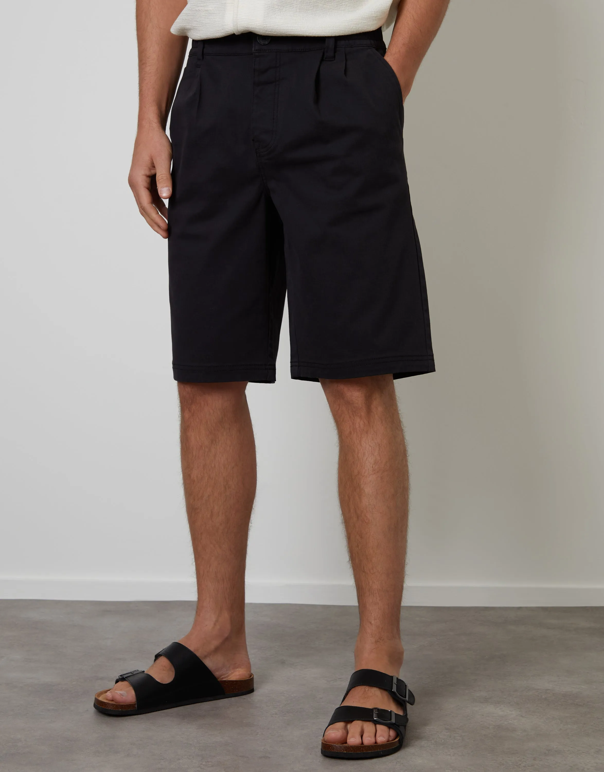Black Pleated Stretch Relaxed Fit Chino Shorts sold by Threadbare