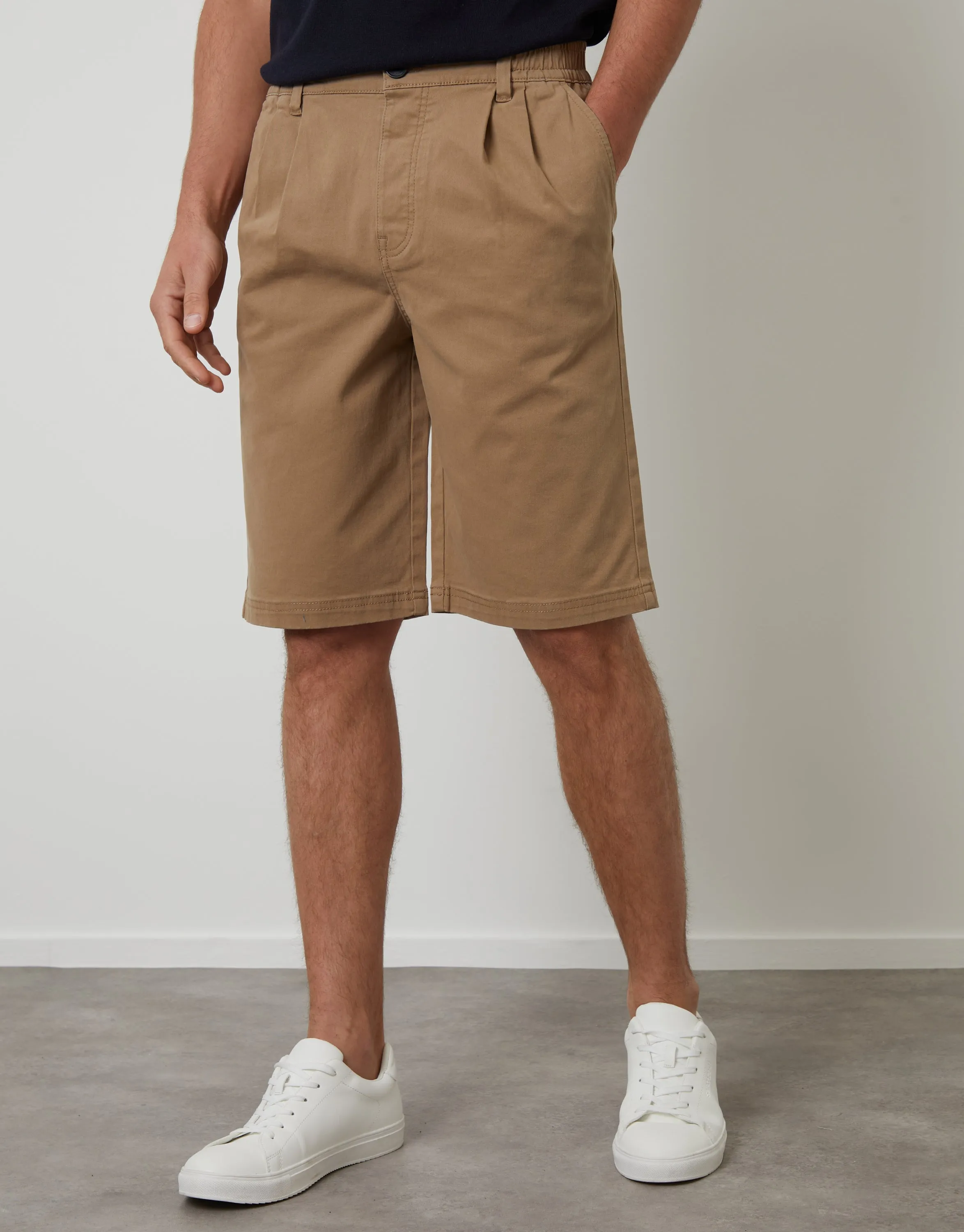 Dark Stone Pleated Stretch Relaxed Fit Chino Shorts sold by Threadbare