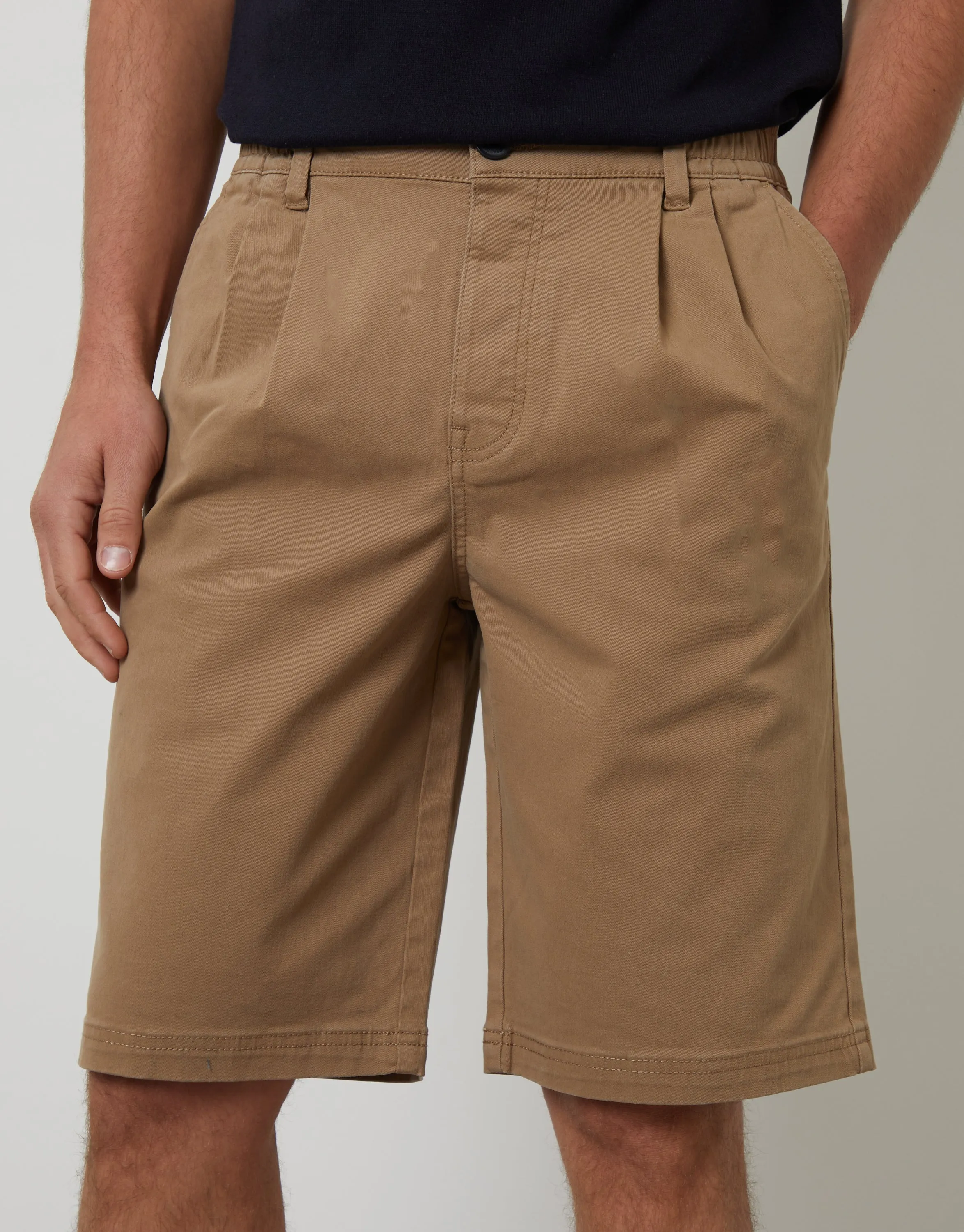 Dark Stone Pleated Stretch Relaxed Fit Chino Shorts sold by Threadbare product image thumbnail 4