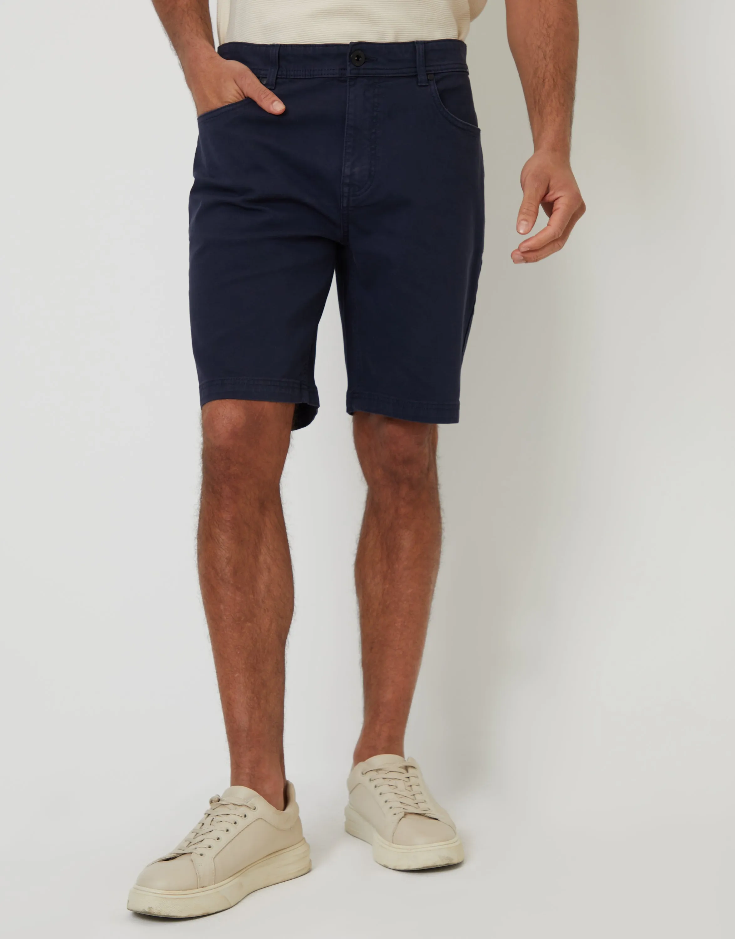 Navy Stretch 5 Pocket Chino Shorts sold by Threadbare
