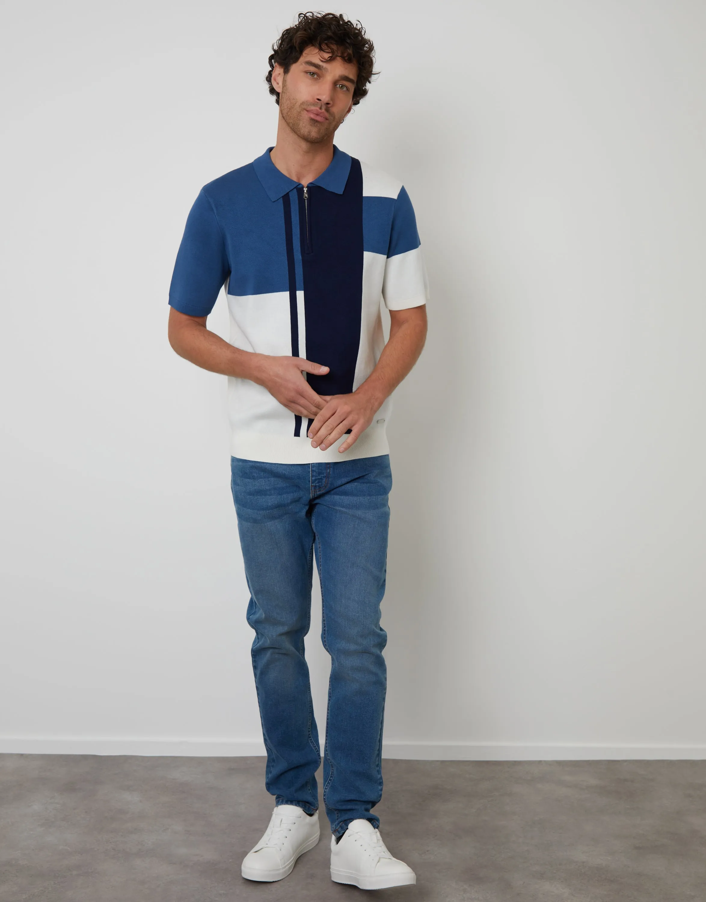 Threadbare Men's Navy Colourblock Quarter Zip Knitted Polo sold by Threadbare product image thumbnail 3