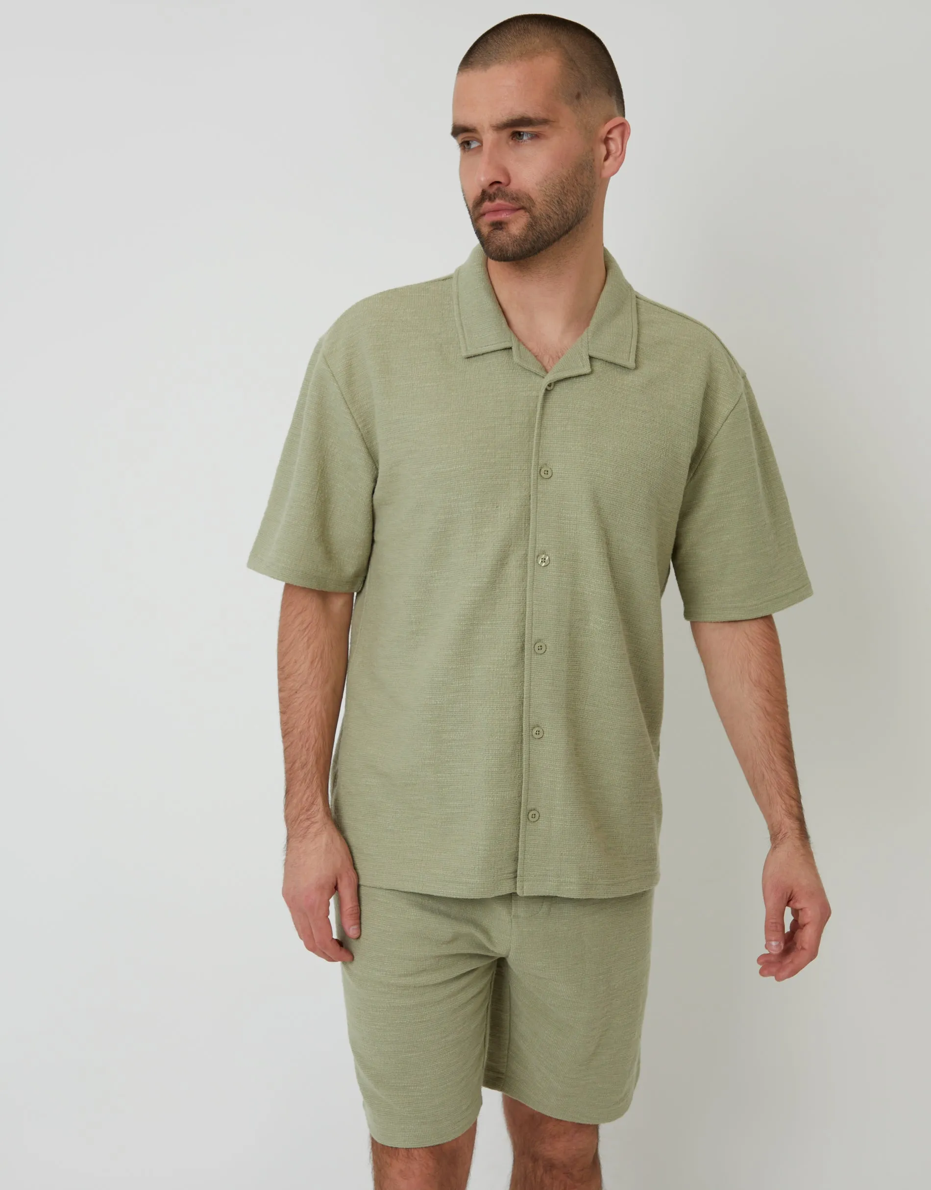 Sage Green Textured Revere Collar Short Sleeve Shirt sold by Threadbare