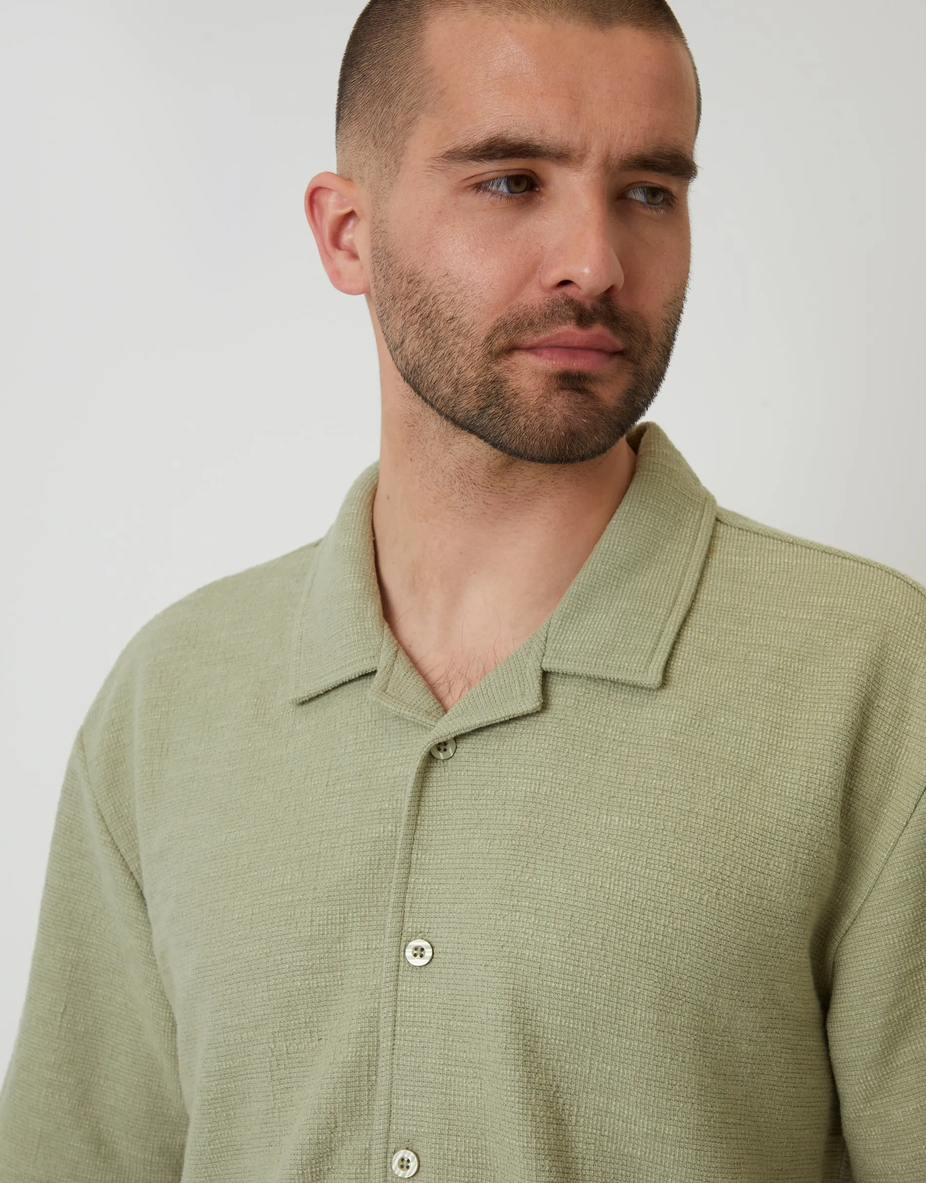 Sage Green Textured Revere Collar Short Sleeve Shirt sold by Threadbare product image thumbnail 4