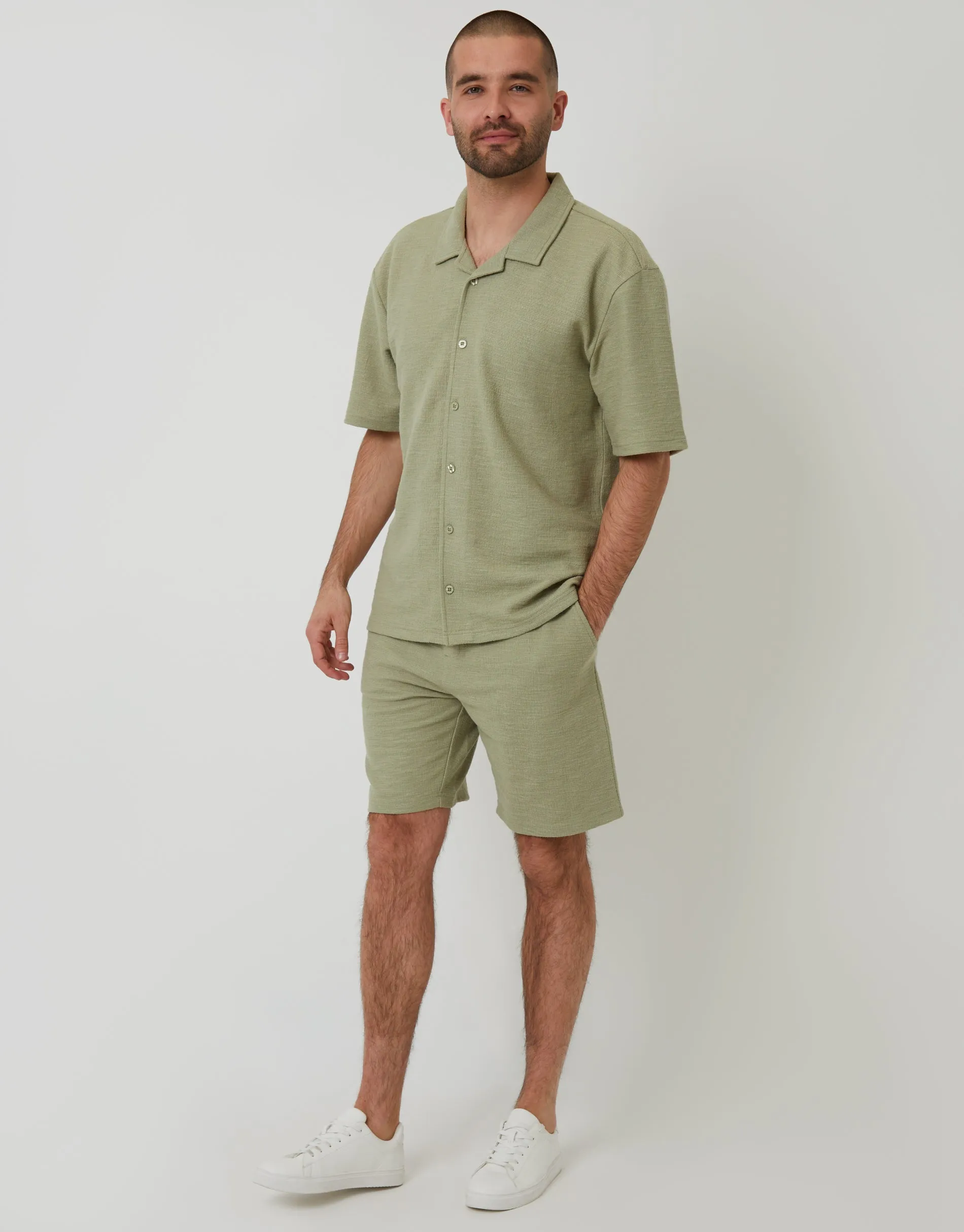 Sage Green Textured Revere Collar Short Sleeve Shirt sold by Threadbare product image thumbnail 3