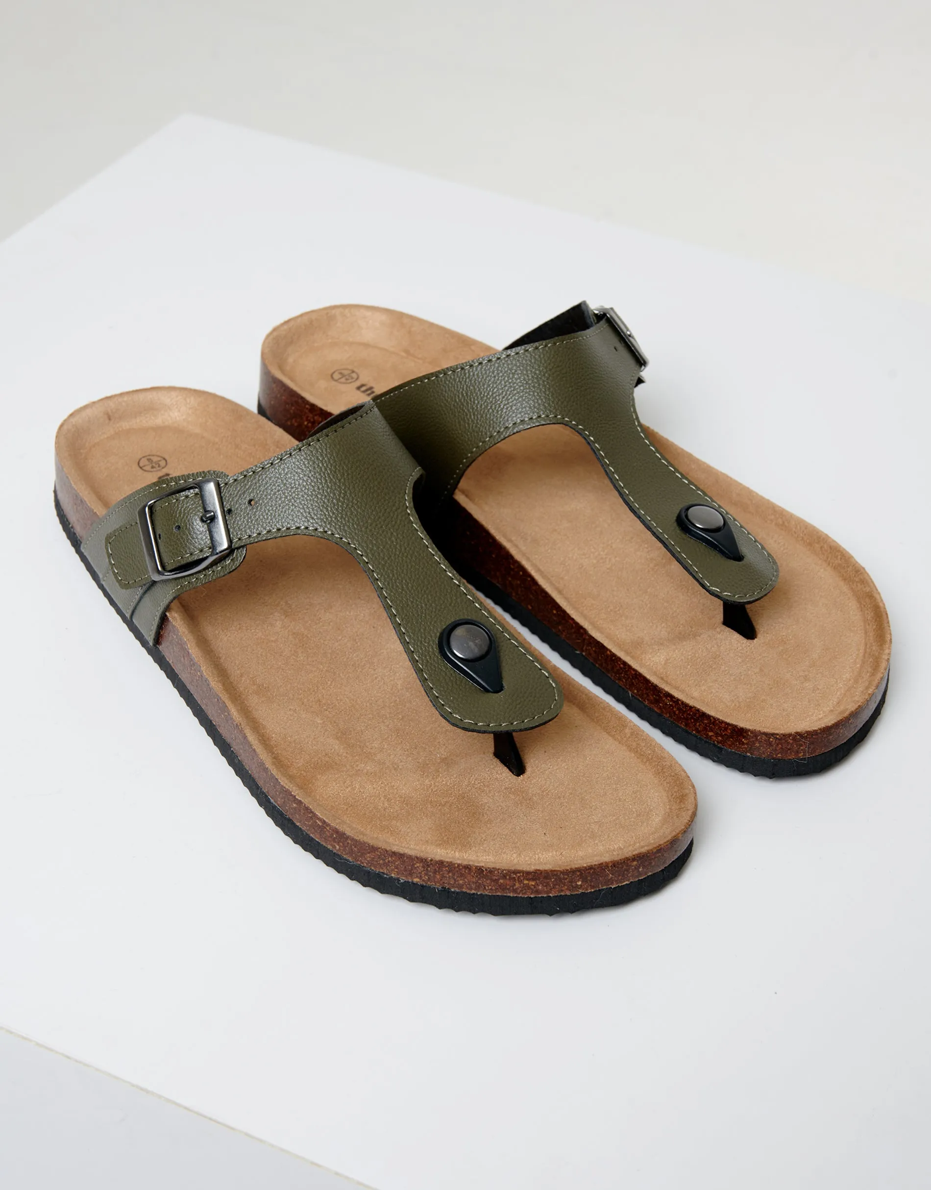 Khaki Green Faux Leather Toe Post Sandals sold by Threadbare