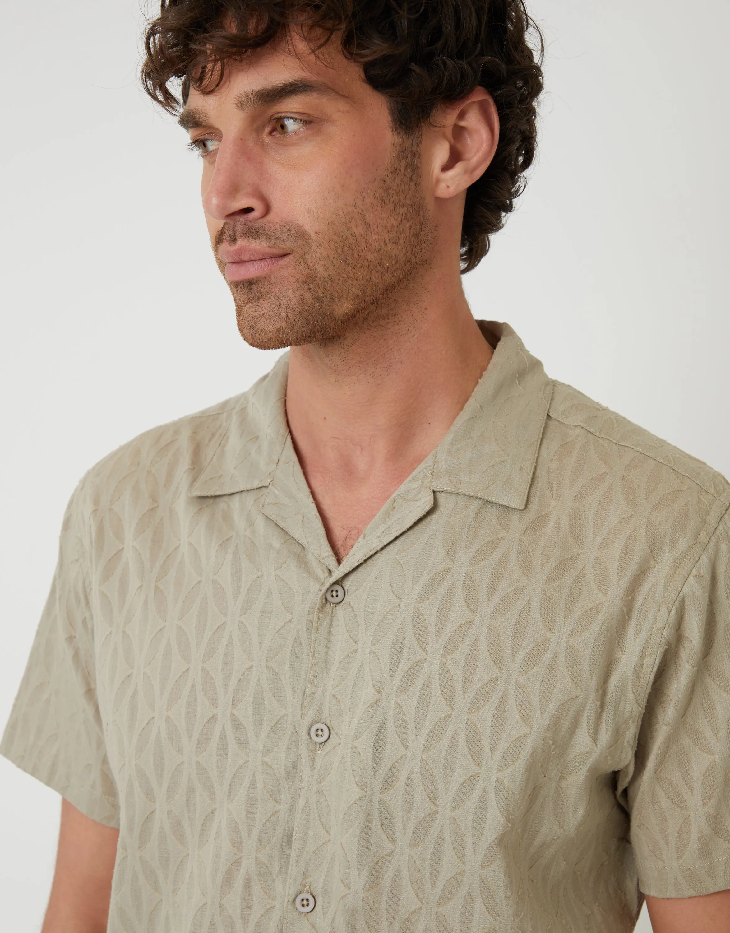Stone Cotton Pluck Textured Revere Collar Short Sleeve Shirt sold by Threadbare product image thumbnail 4